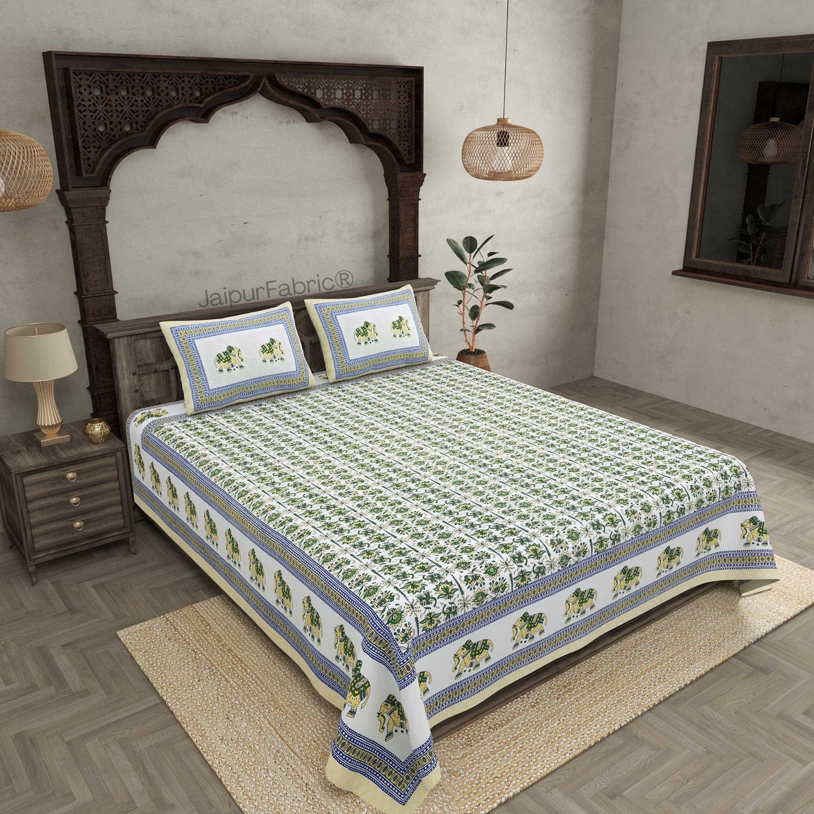 Padharo Sa Green Pure Cotton Double Bedsheet