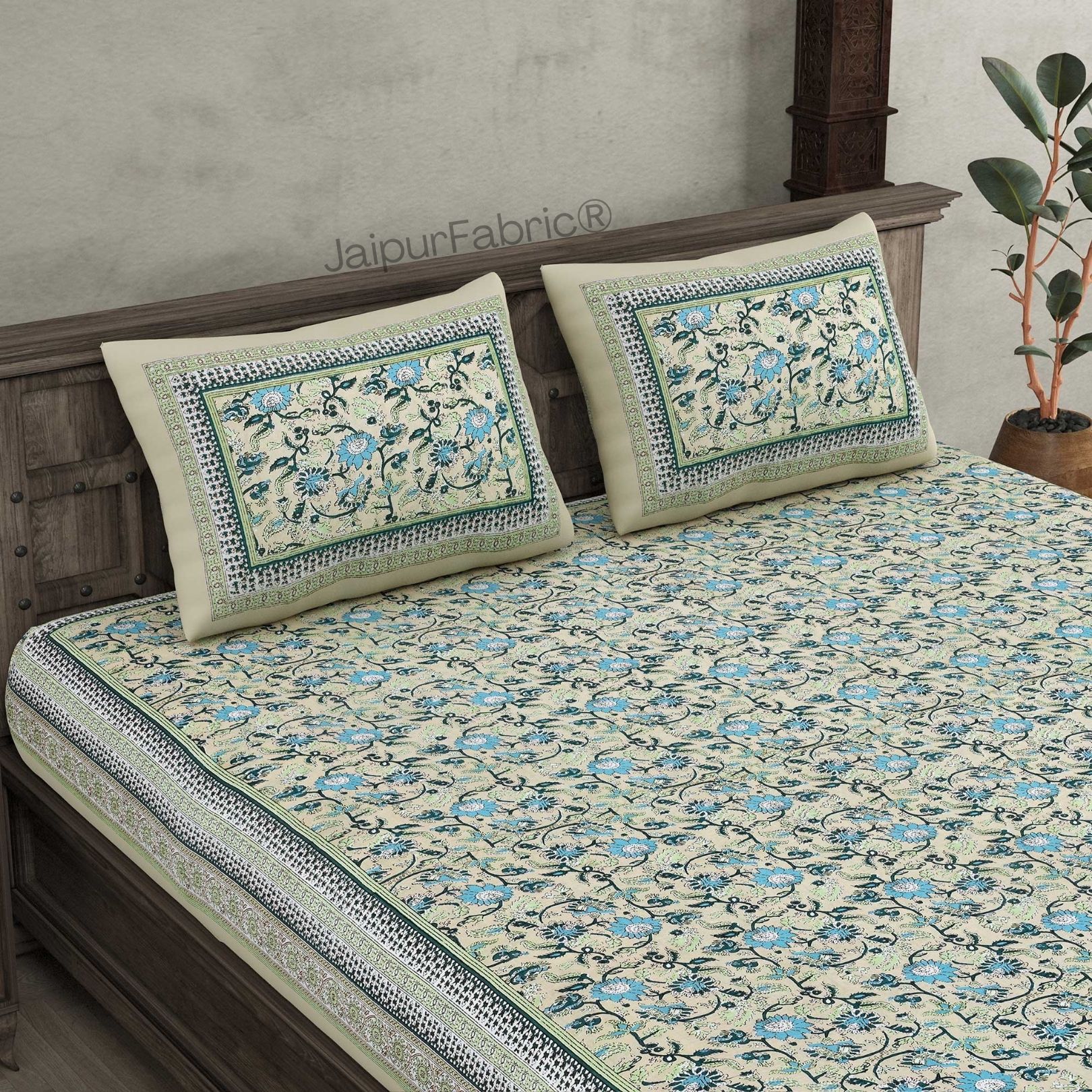 Floral BoothGreen Pure Cotton Double Bedsheet