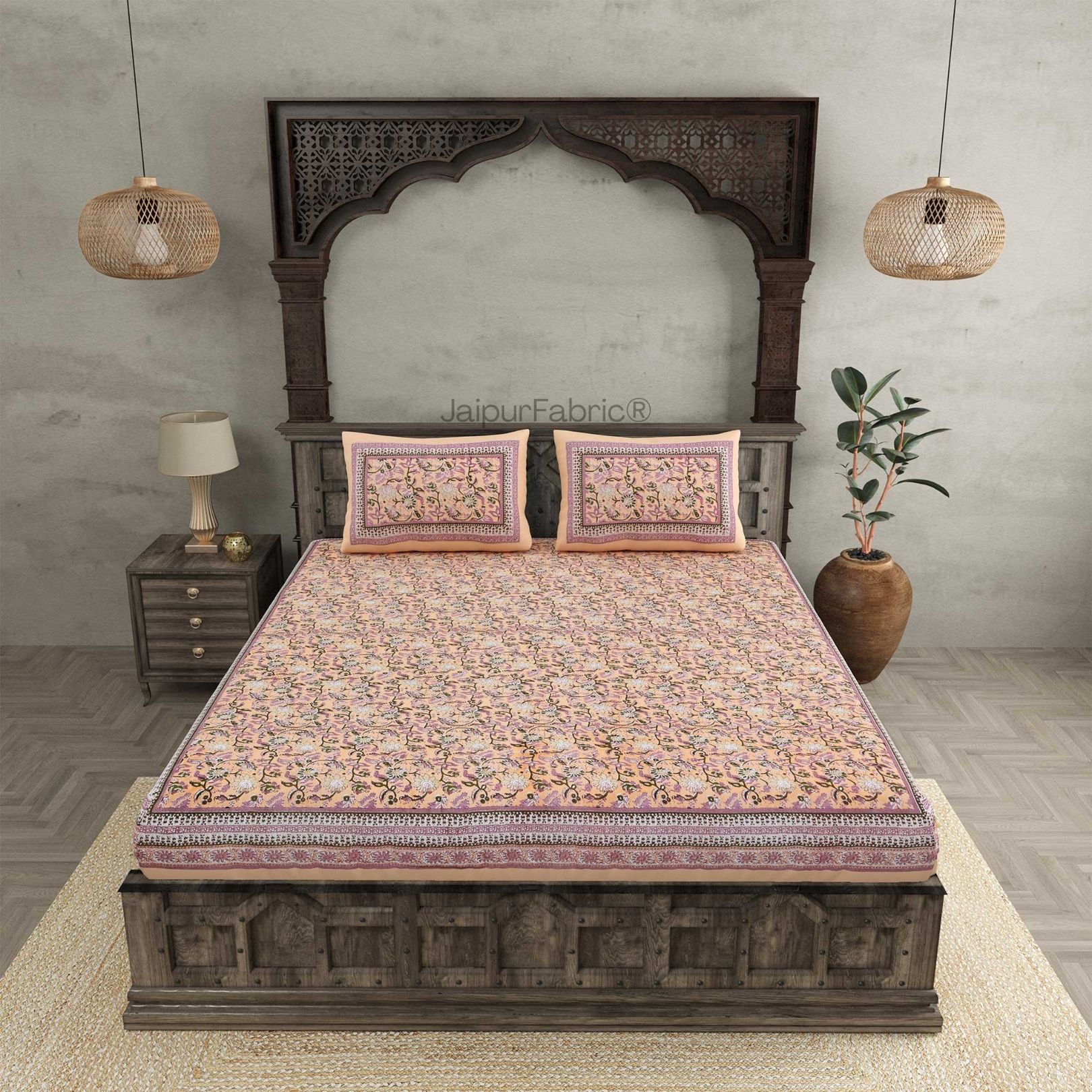 Floral BoothPeach Pure Cotton Double Bedsheet