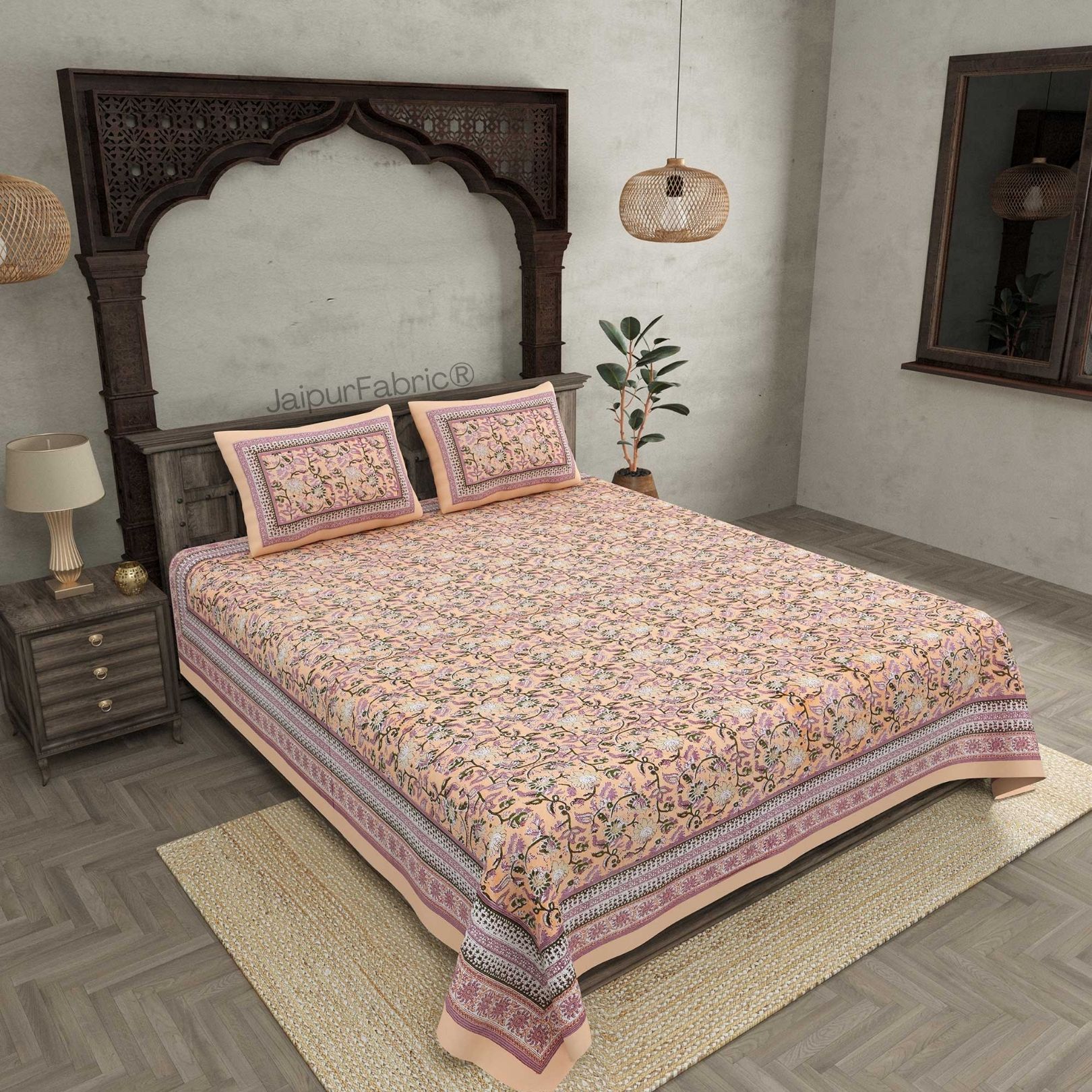 Floral BoothPeach Pure Cotton Double Bedsheet