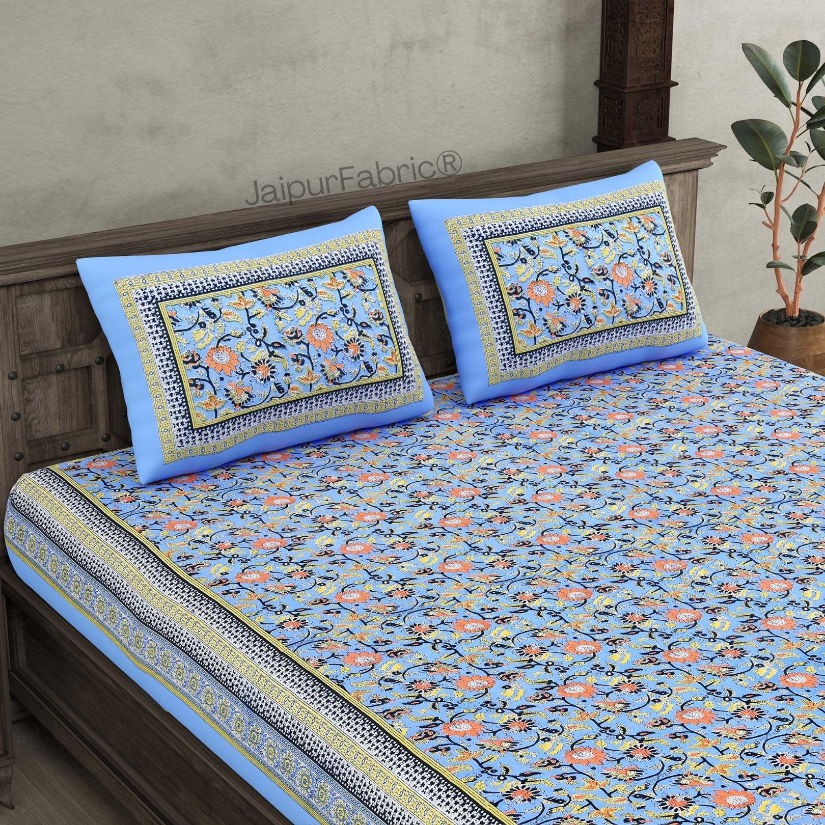 Floral BoothBlue Pure Cotton Double Bedsheet