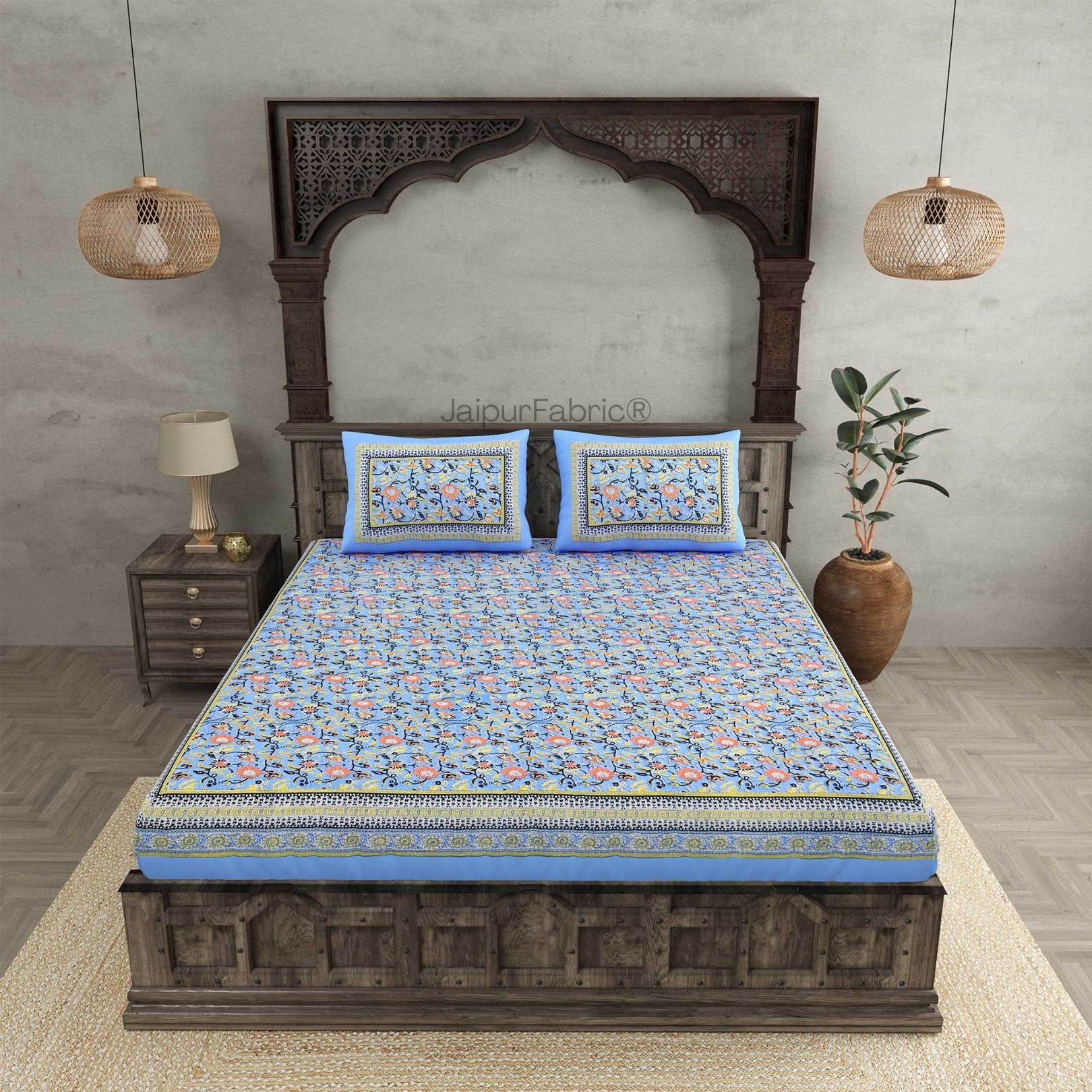 Floral BoothBlue Pure Cotton Double Bedsheet