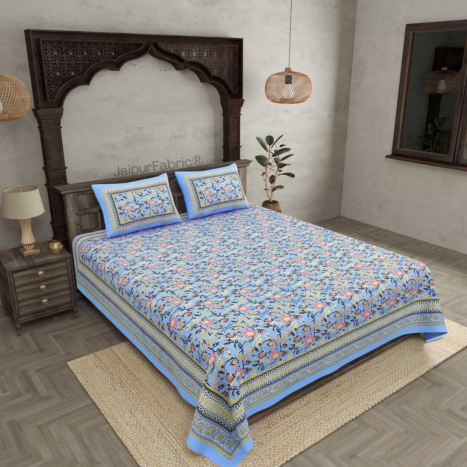 Floral BoothBlue Pure Cotton Double Bedsheet