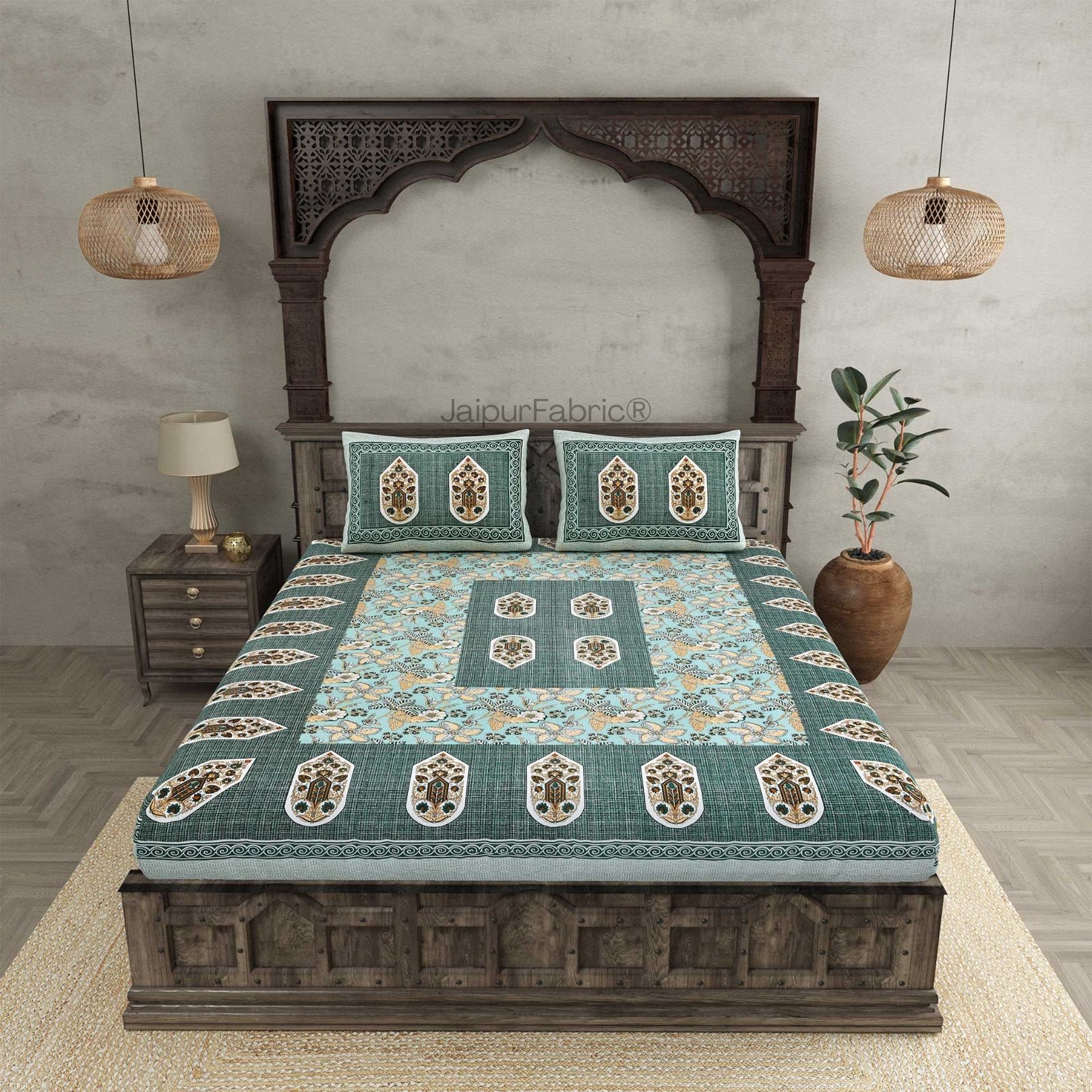 Hawa Mahal Green Pure Cotton Double Bedsheet