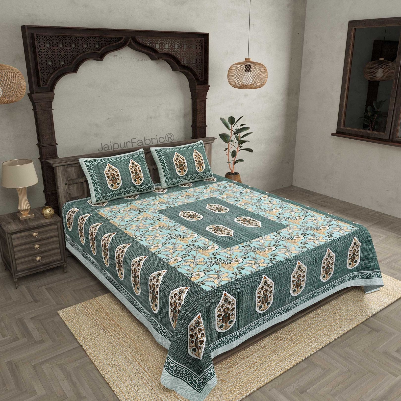 Hawa Mahal Green Pure Cotton Double Bedsheet