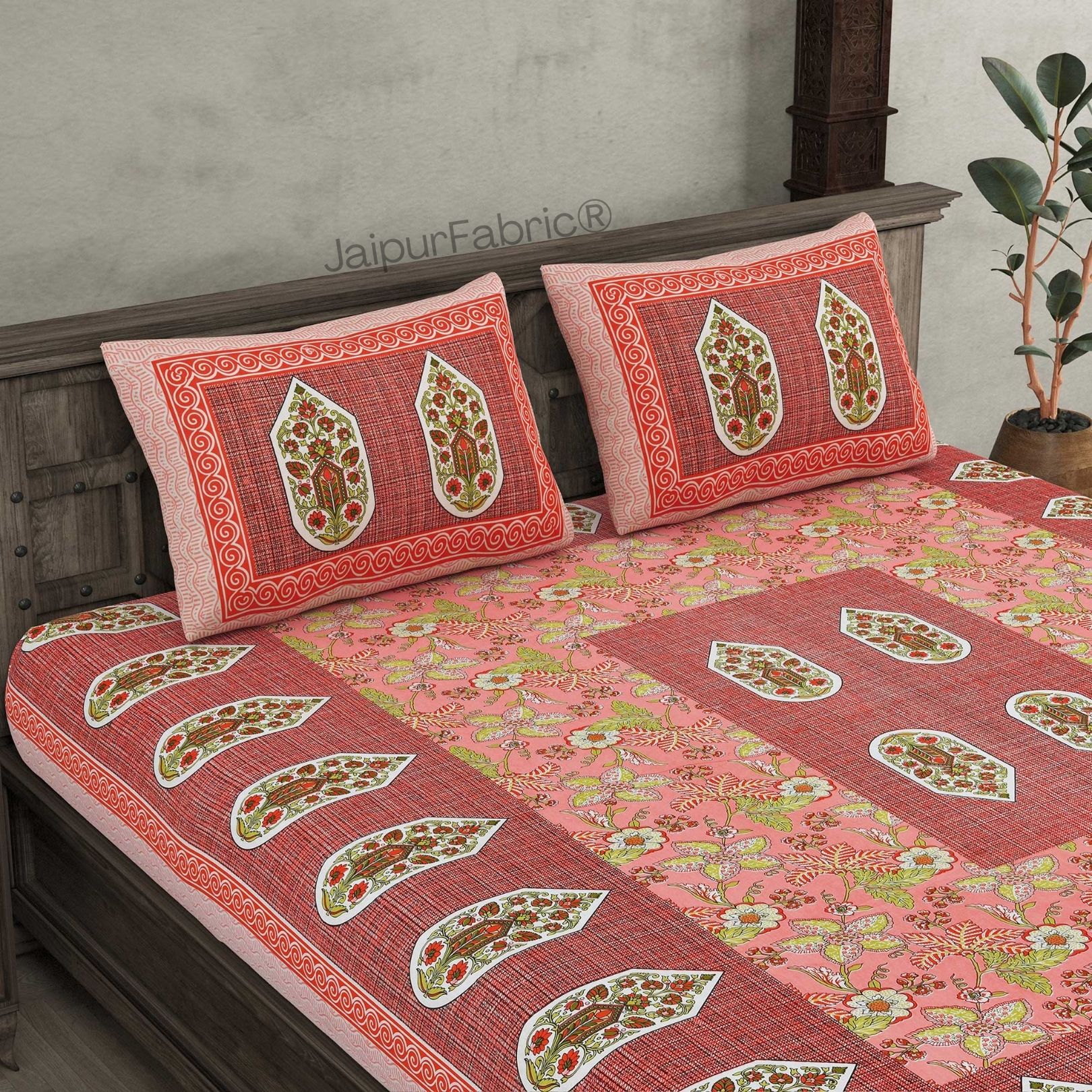 Hawa Mahal Peach Pure Cotton Double Bedsheet