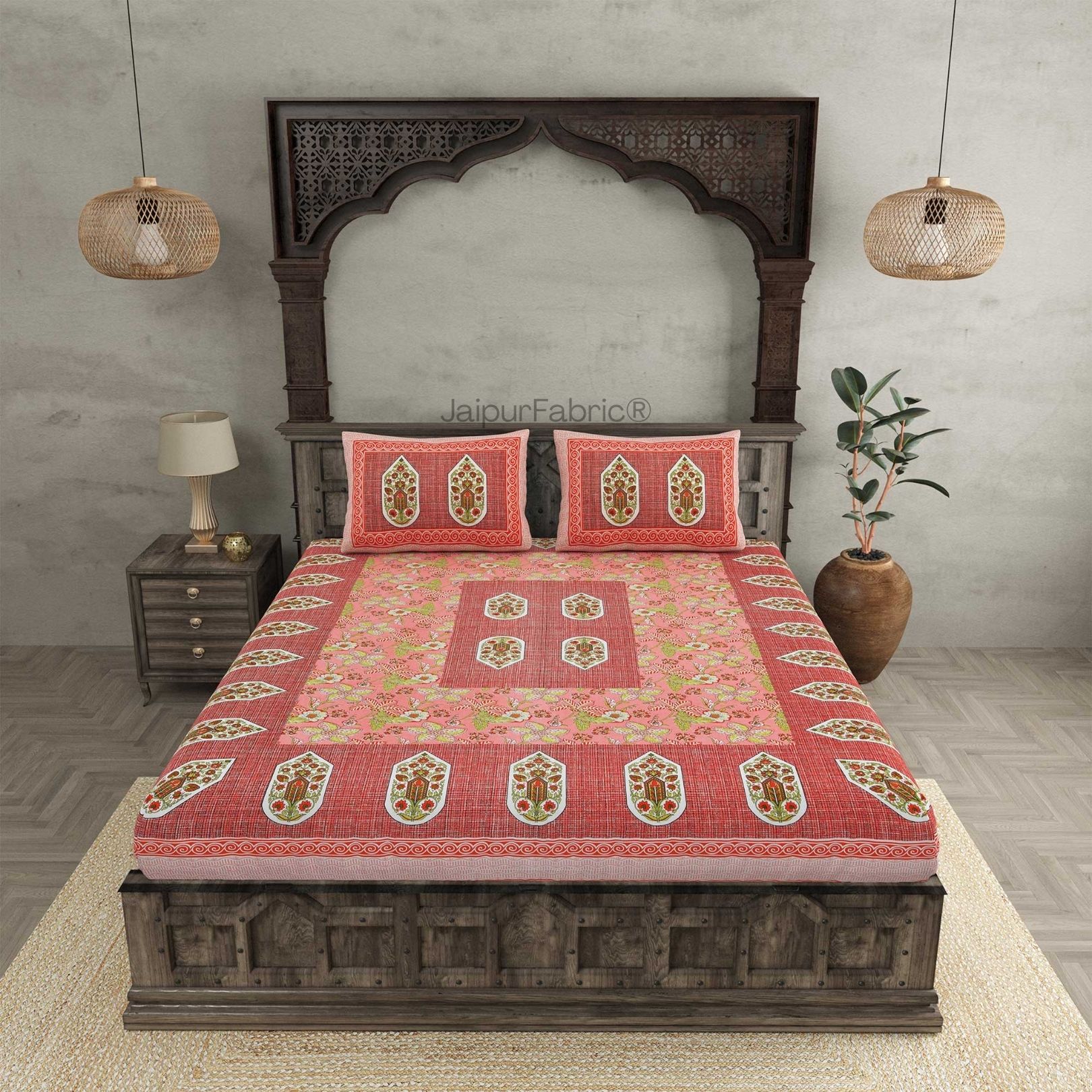 Hawa Mahal Peach Pure Cotton Double Bedsheet