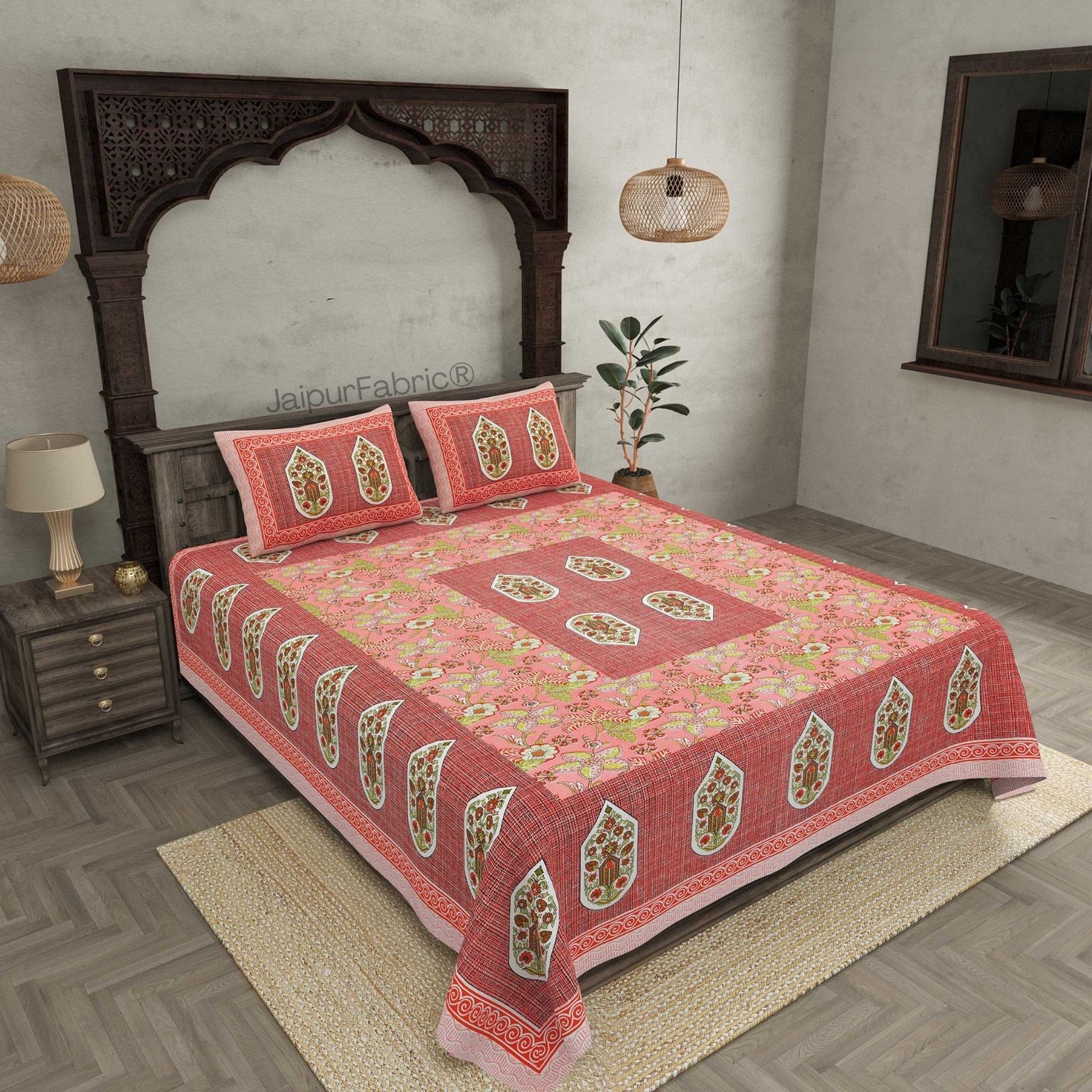 Hawa Mahal Peach Pure Cotton Double Bedsheet