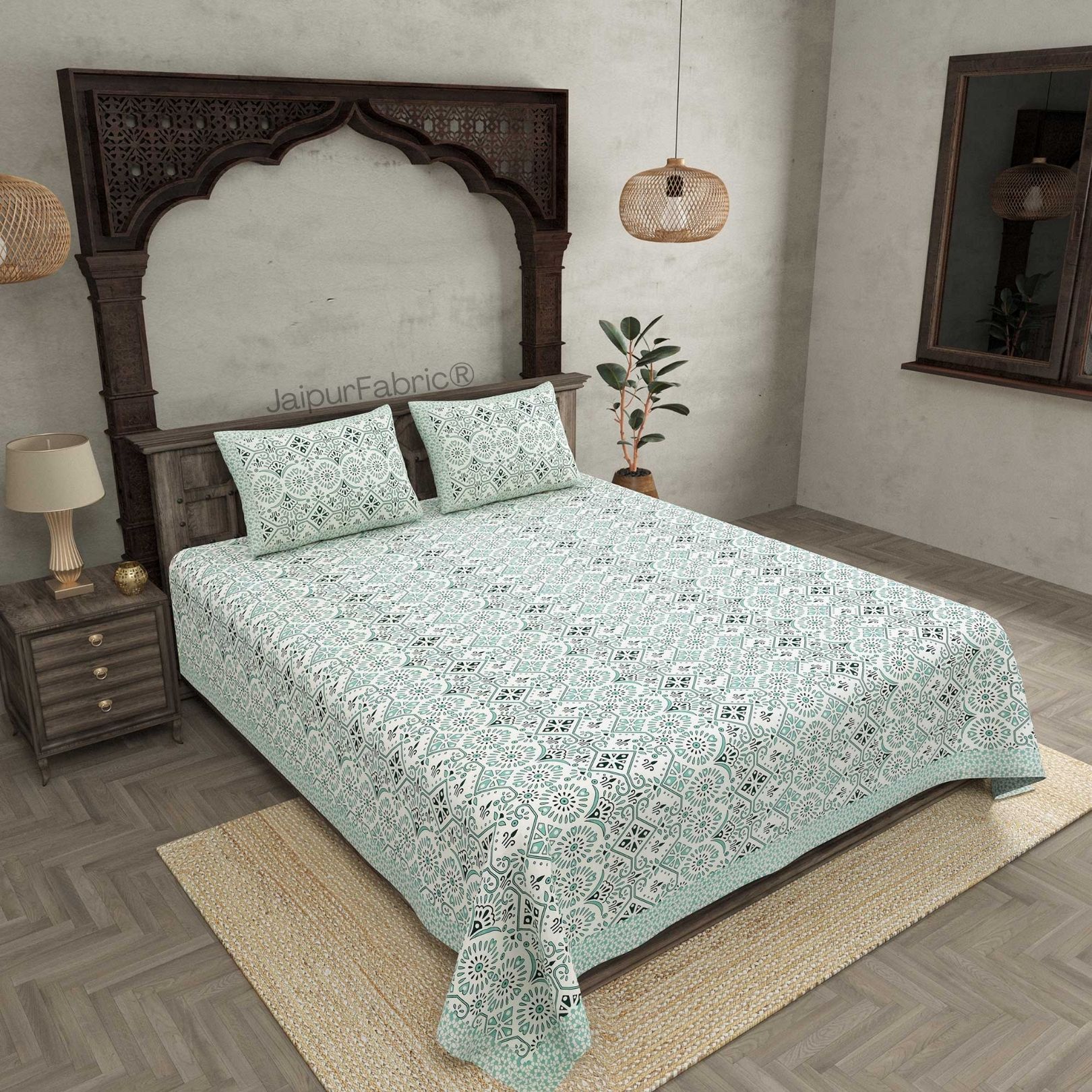 Showering Festivities Green Pure Cotton Double Bedsheet