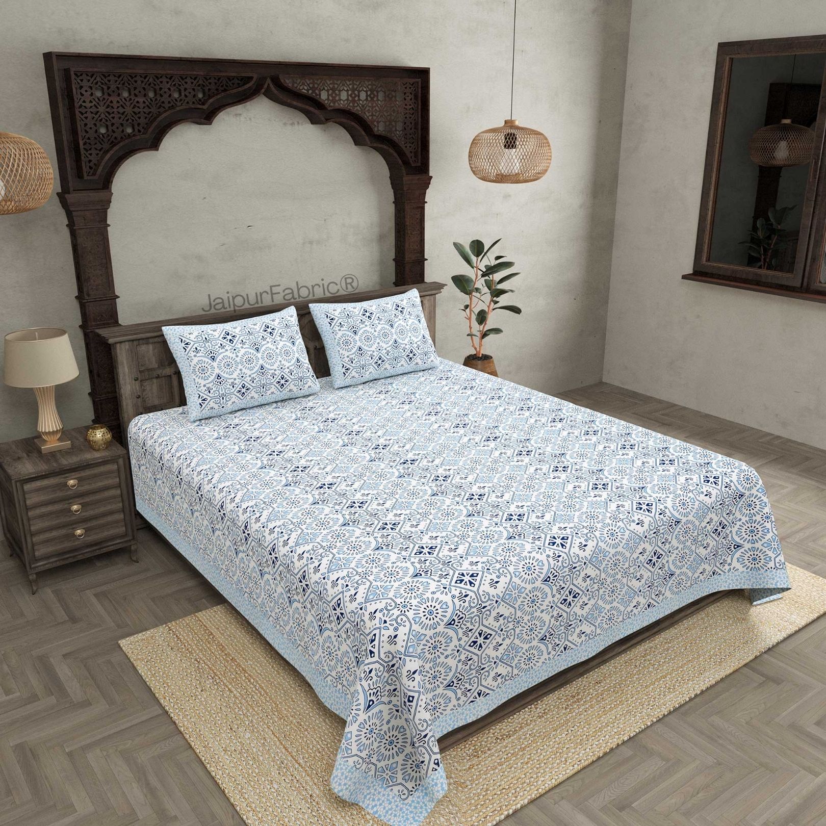 Showering Festivities Blue Pure Cotton Double Bedsheet