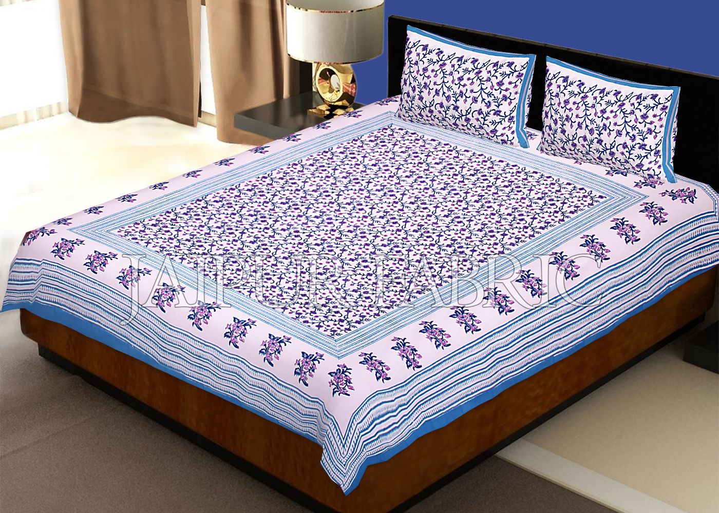 Blue Border Cream Base Leaf Pattern Block Print Cotton Double Bed Sheet