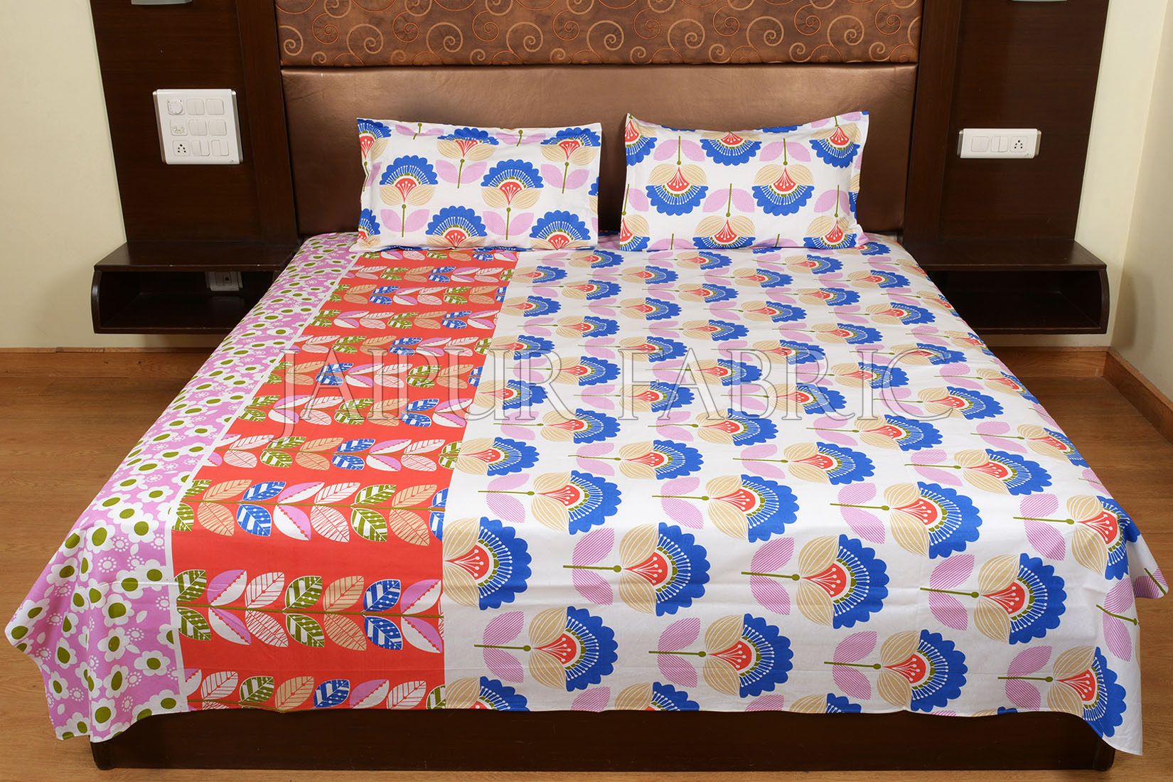 Blue and Orange Floral Print Cotton Double Bed Sheet