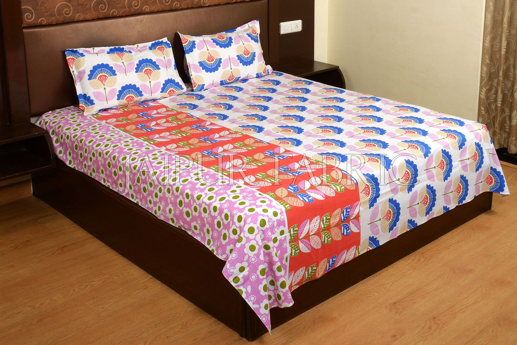 Blue and Orange Floral Print Cotton Double Bed Sheet