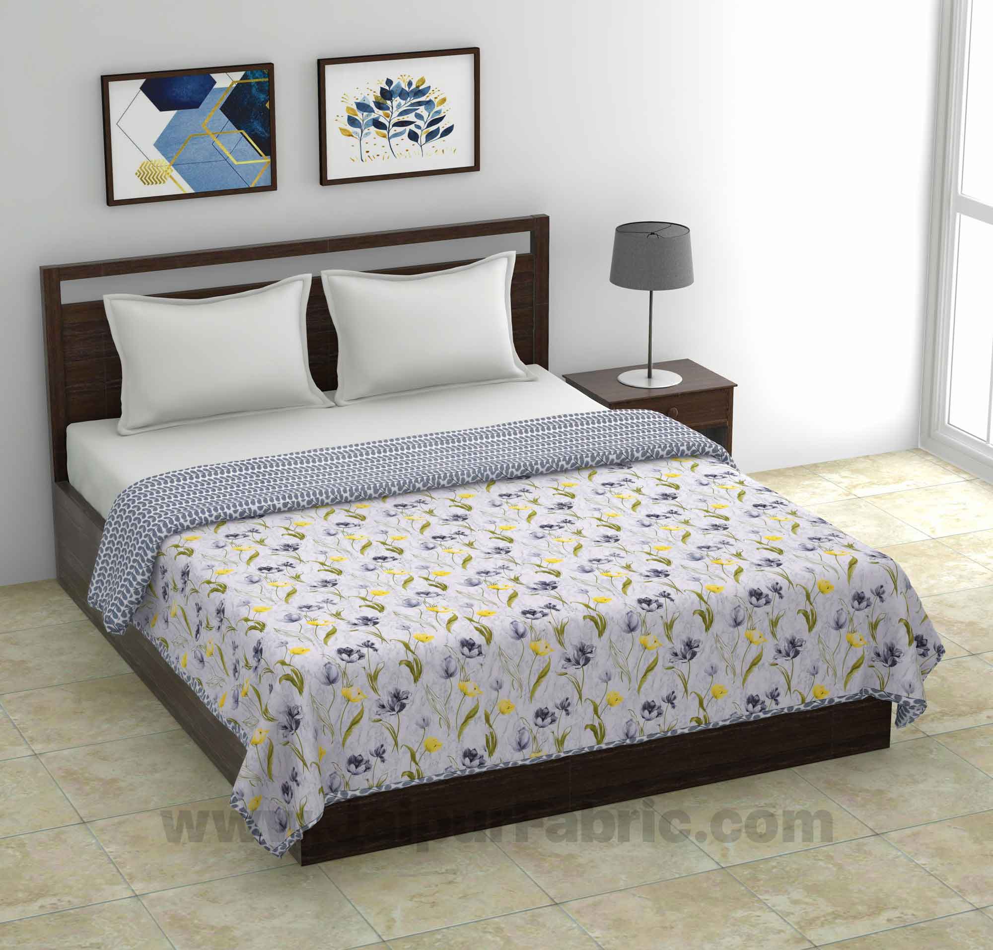 Lightweight Reversible Double Bed Dohar Grey Flower Skin Friendly Pure Cotton MulMul Blanket / AC Comforter / Summer Quilt