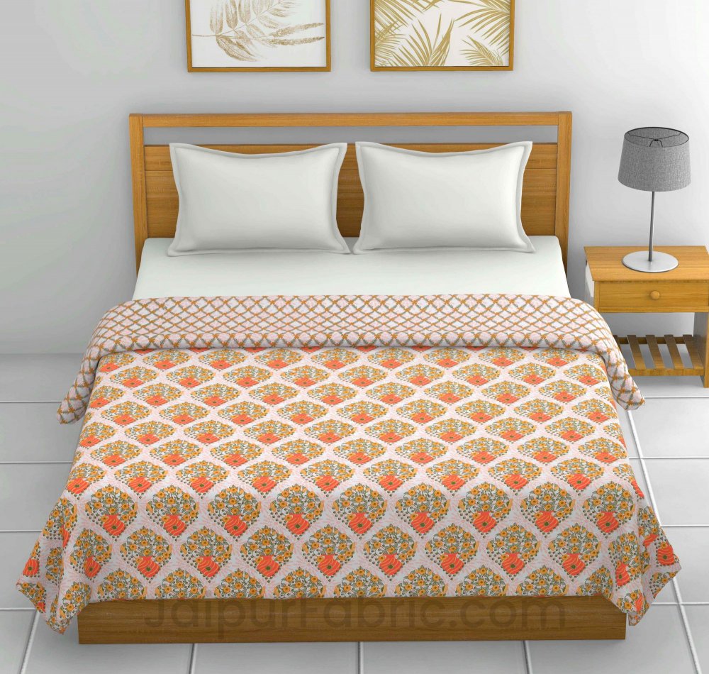 Orange Cream Floral 150 GSM Reversible Double Bed Cotton AC Dohar