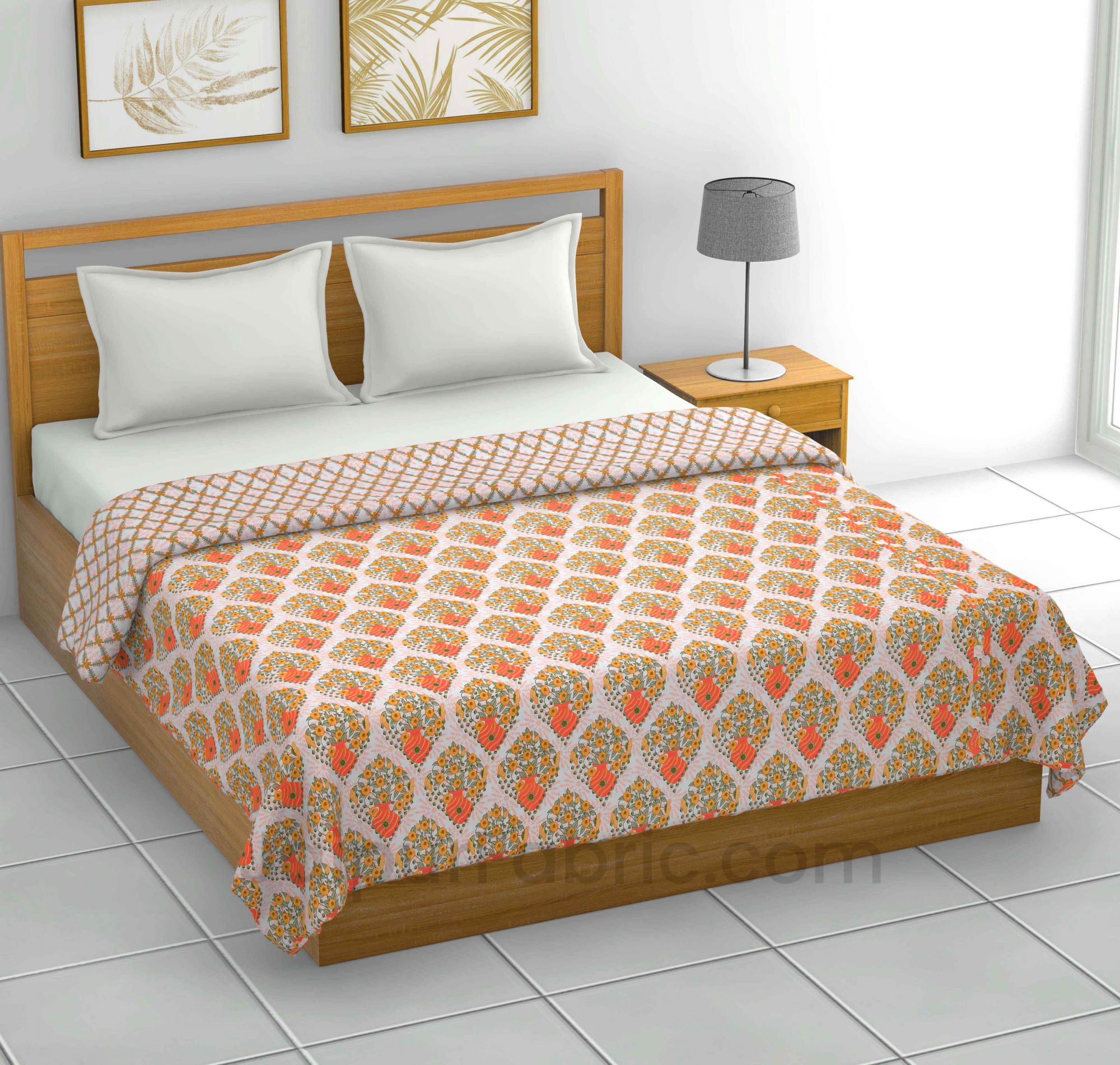 Orange Cream Floral 150 GSM Reversible Double Bed Cotton AC Dohar