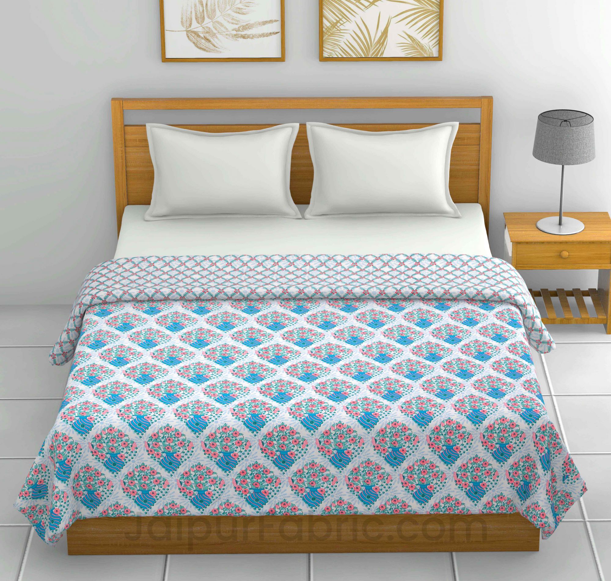 Blue White Floral 150 GSM Reversible Double Bed Cotton AC Dohar