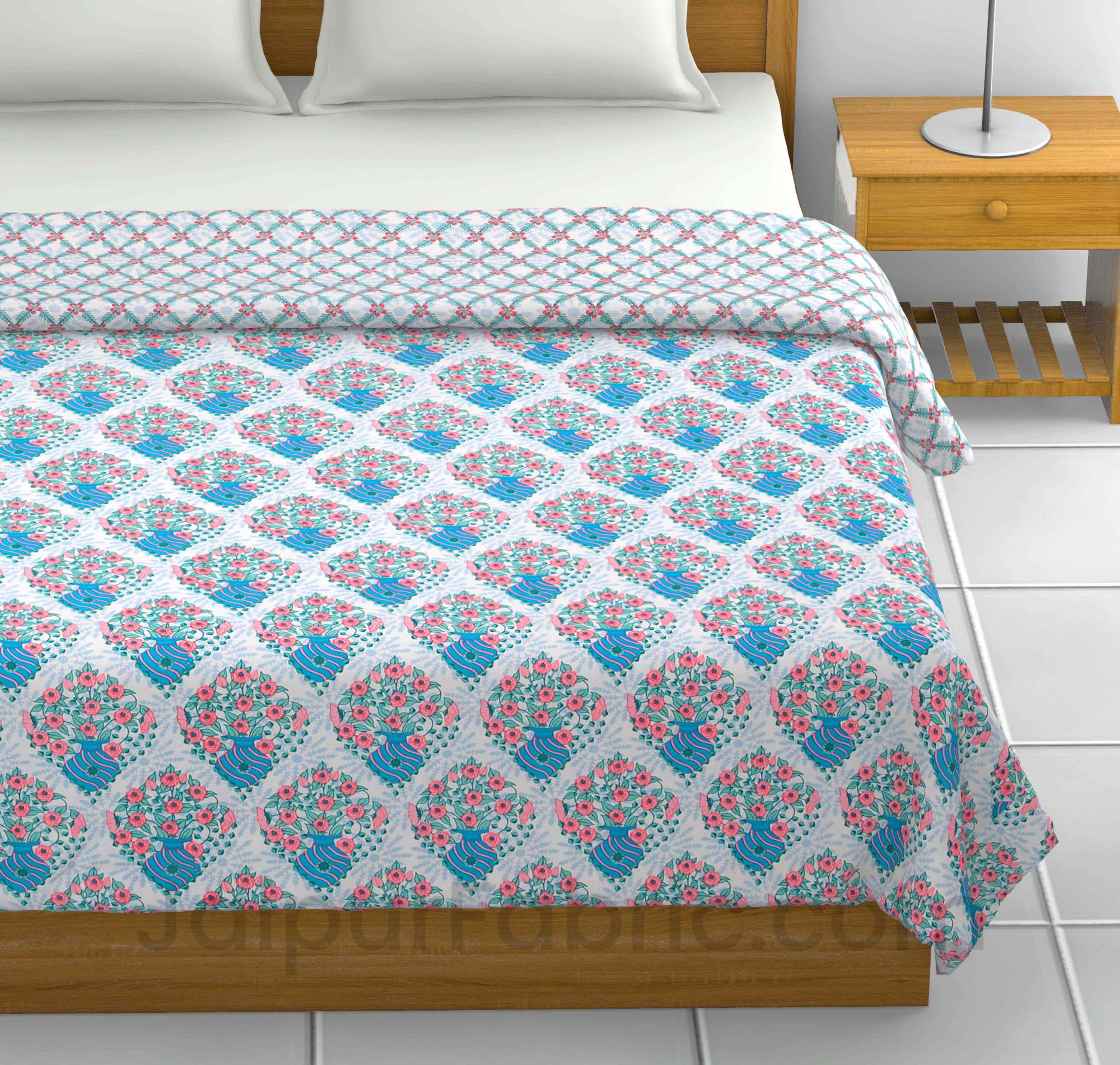 Blue White Floral 150 GSM Reversible Double Bed Cotton AC Dohar