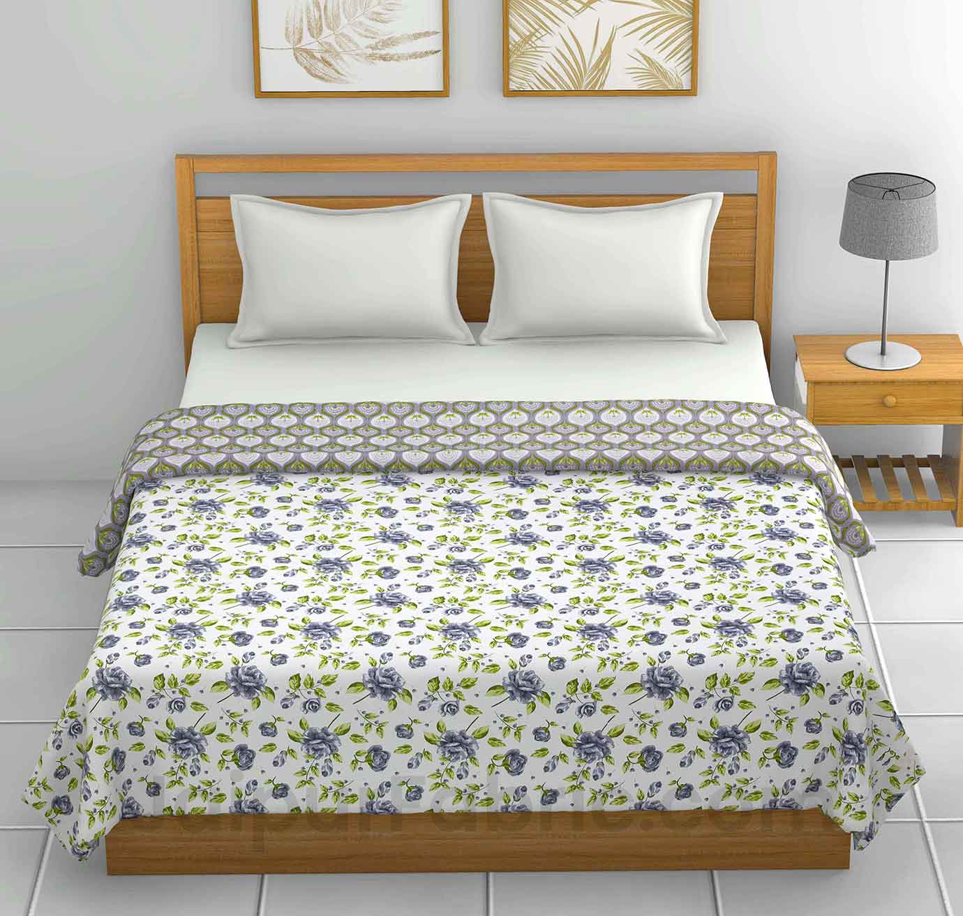 Grey Green Floral 150 GSM Reversible Double Bed Cotton AC Dohar