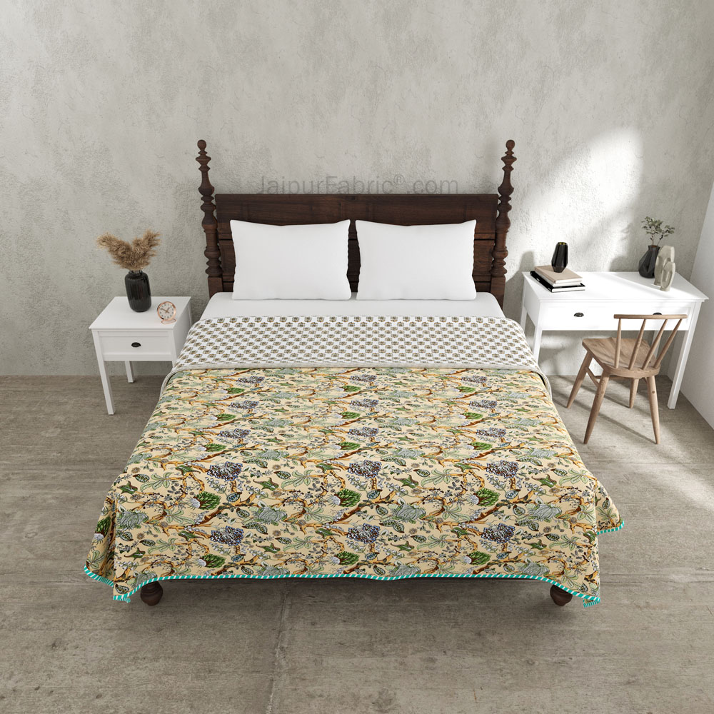 Anokhi Green Pure Cotton Reversible Double Bed AC Quilt Dohar