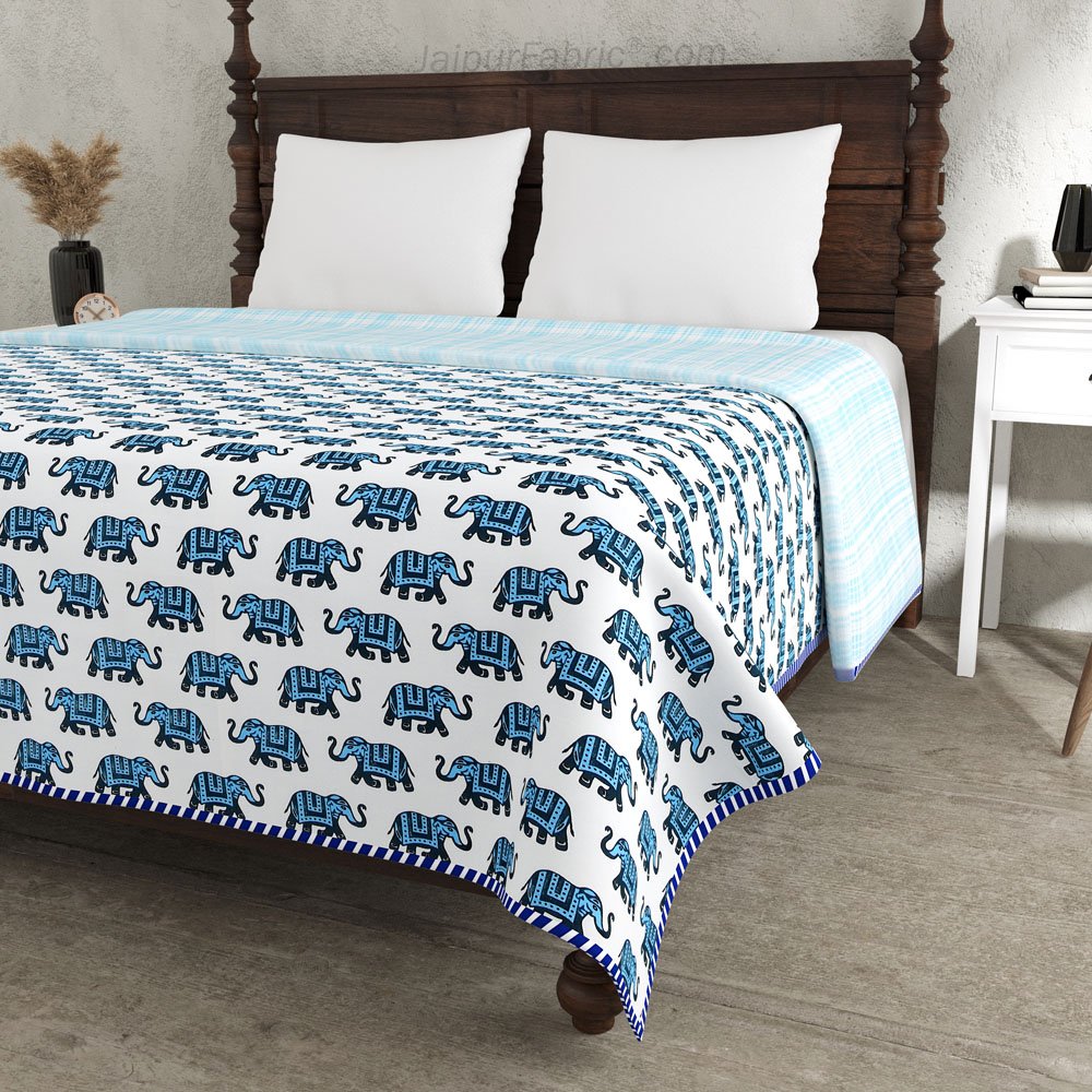 Elephant Print Blue Pure Cotton Reversible Double Bed AC Quilt Dohar