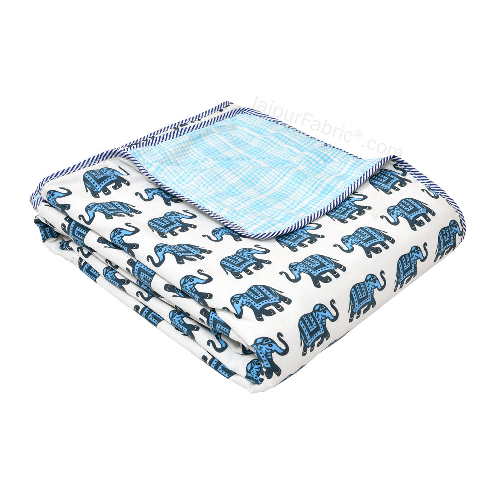 Elephant Print Blue Pure Cotton Reversible Double Bed AC Quilt Dohar