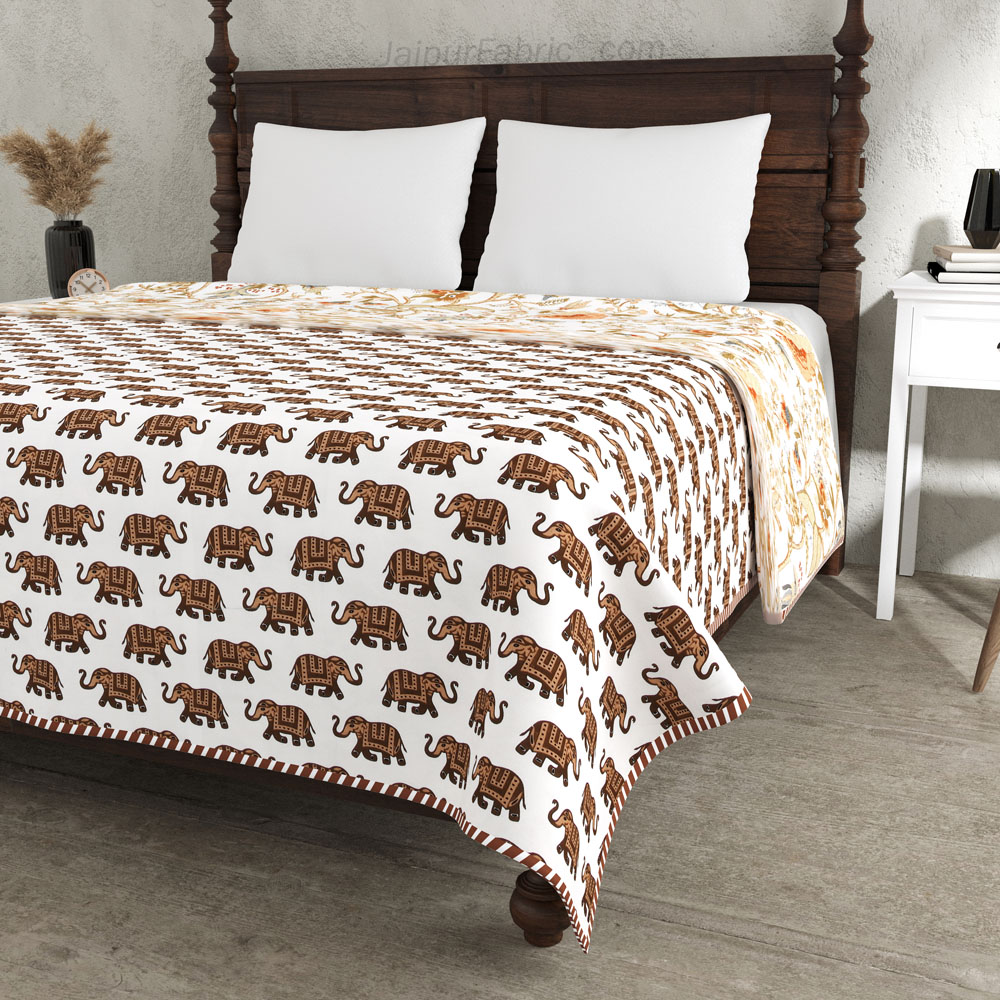 Elephant Print Brown Pure Cotton Reversible Double Bed AC Quilt Dohar