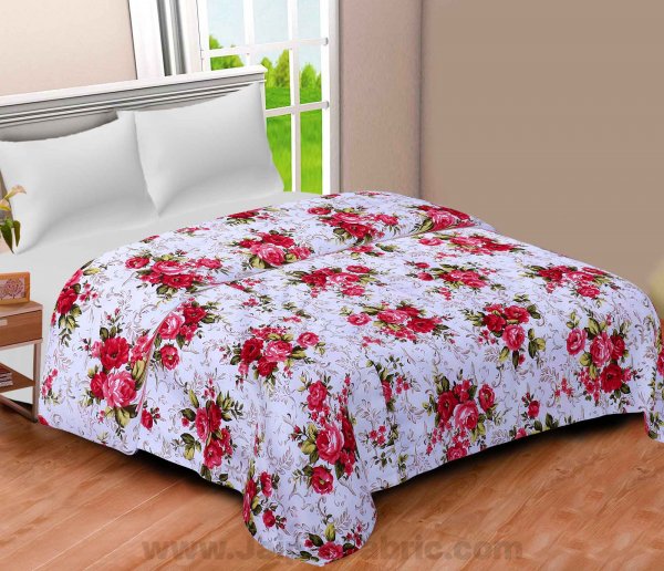 Cotton White Red Roses Reversible Double Blanket/Duvet/Quilt/AC Dohar