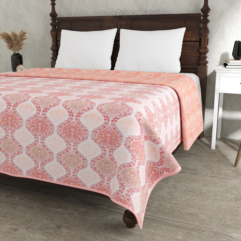 Wavy Ethnic Peachy Pink Double Bed Dohar Blanket