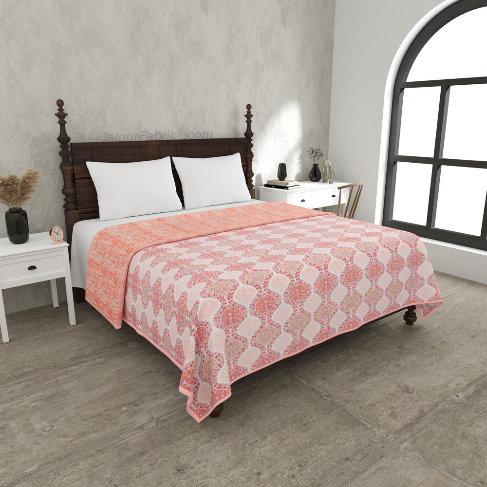 Wavy Ethnic Peachy Pink Double Bed Dohar Blanket