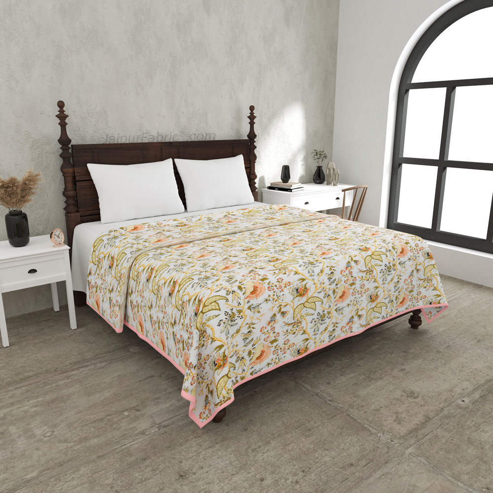 Floral Garden Yellowish Double Bed Dohar Blanket