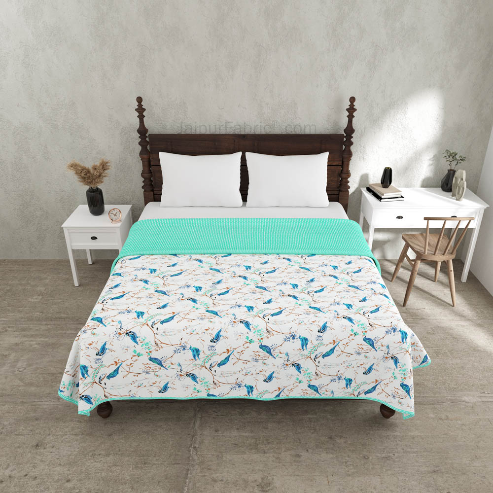 Parakeets Blue Green Double Bed Dohar Blanket