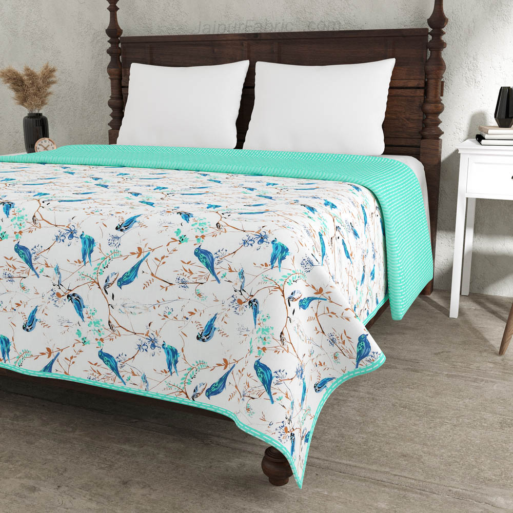 Parakeets Blue Green Double Bed Dohar Blanket