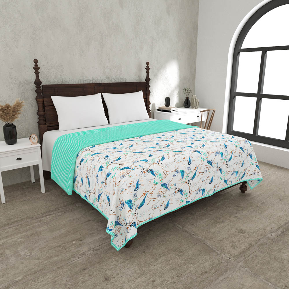 Parakeets Blue Green Double Bed Dohar Blanket