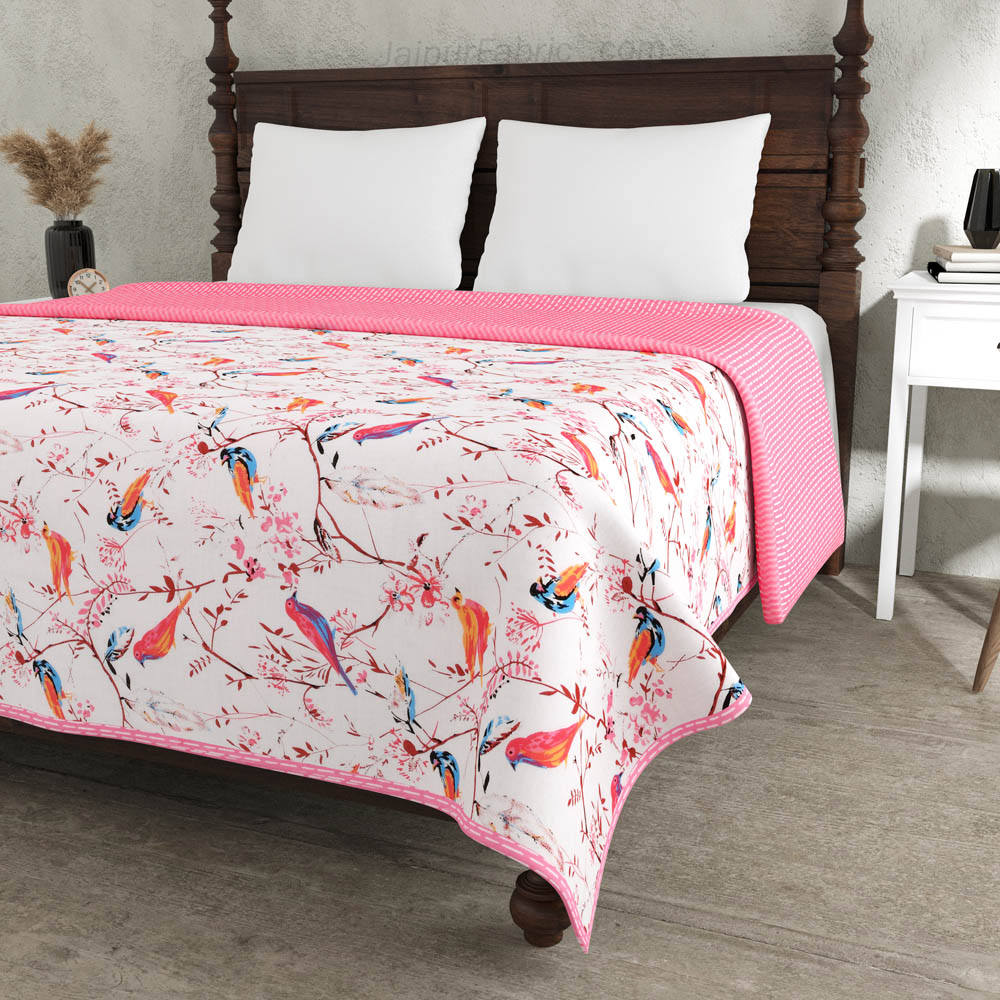 Parakeets Pink Double Bed Dohar Blanket