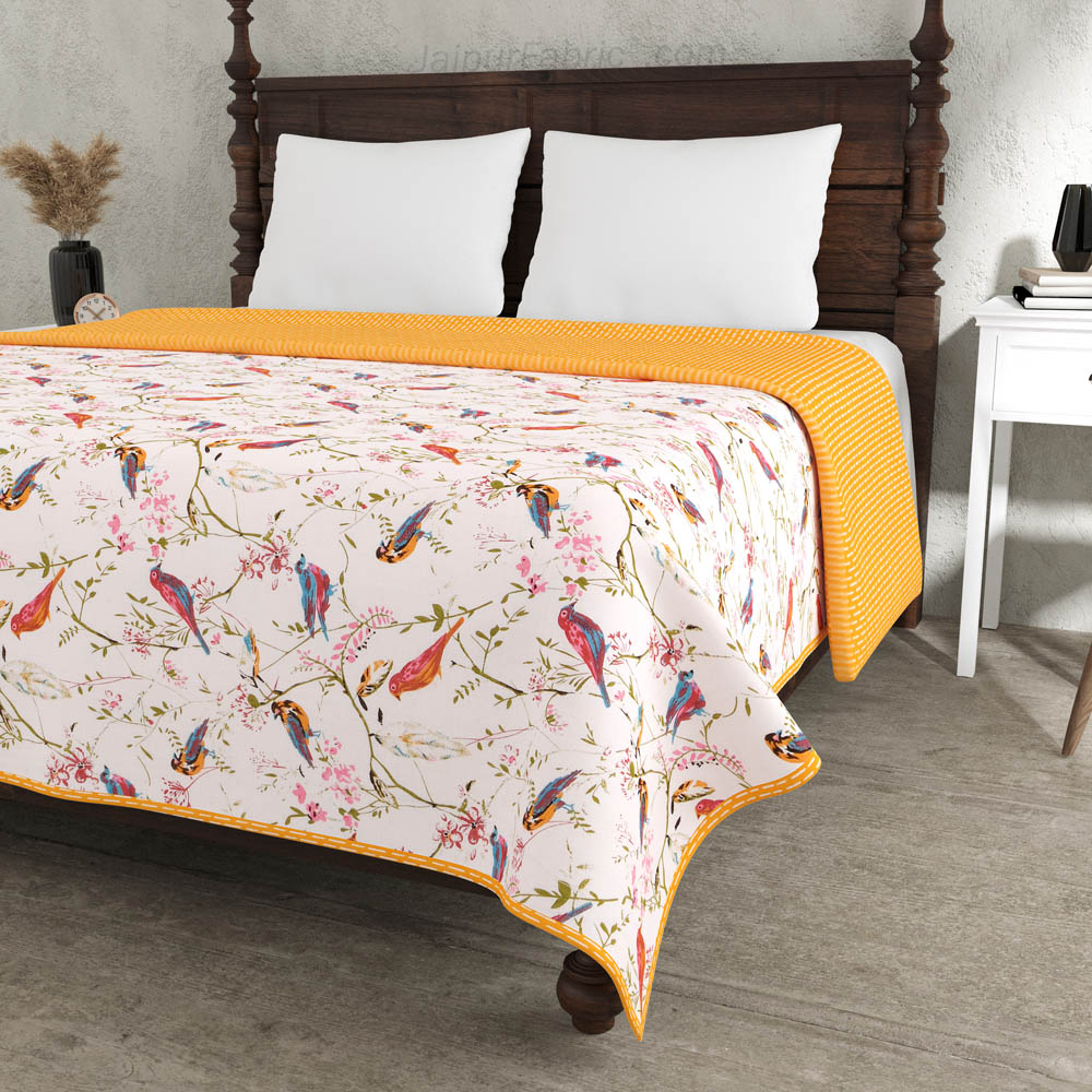 Parakeets Yellow Double Bed Dohar Blanket