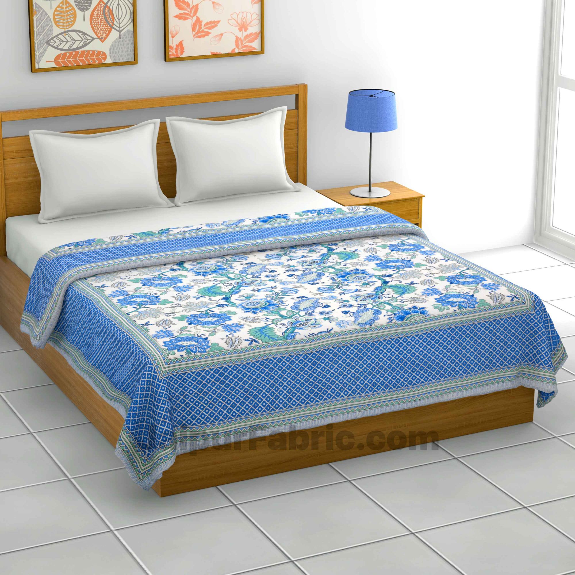 Lightweight Reversible Double Bed Dohar Blue Gala Flowers Skin Friendly Pure Cotton MulMul Blanket / AC Comforter / Summer Quilt