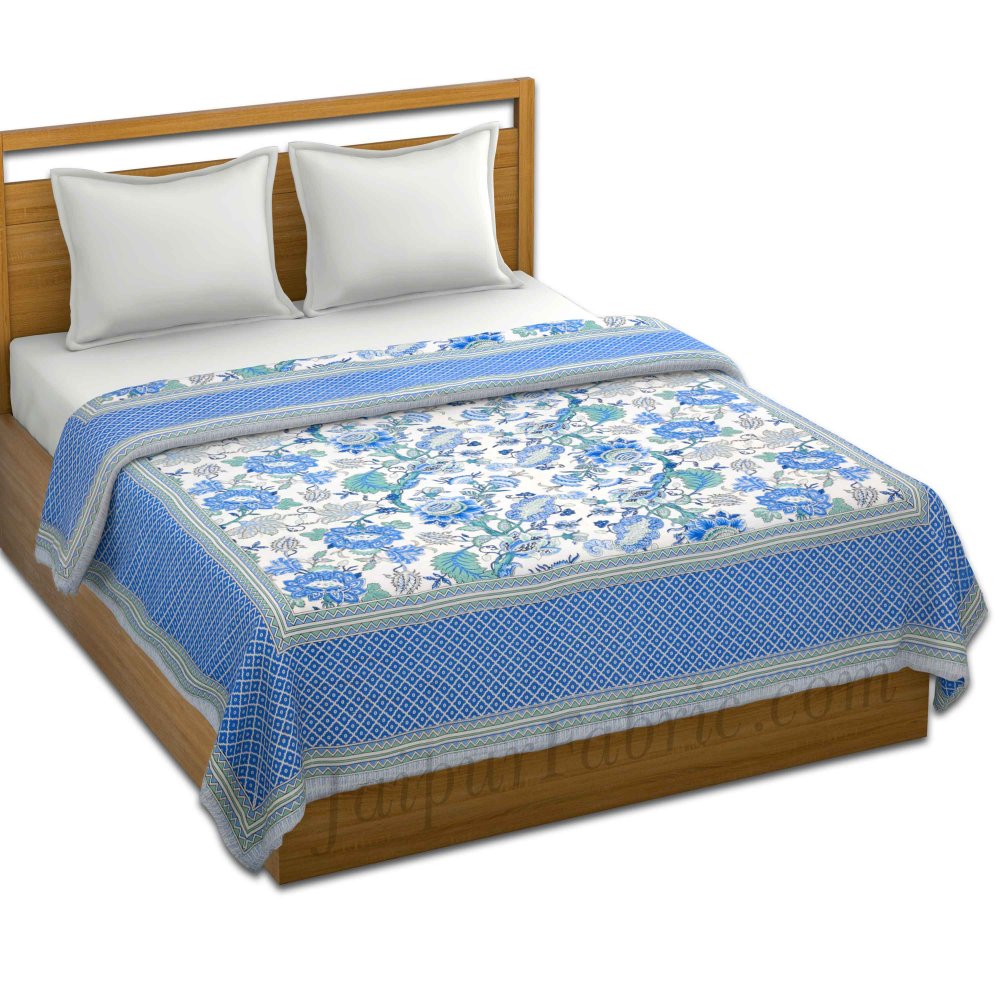 Lightweight Reversible Double Bed Dohar Blue Gala Flowers Skin Friendly Pure Cotton MulMul Blanket / AC Comforter / Summer Quilt