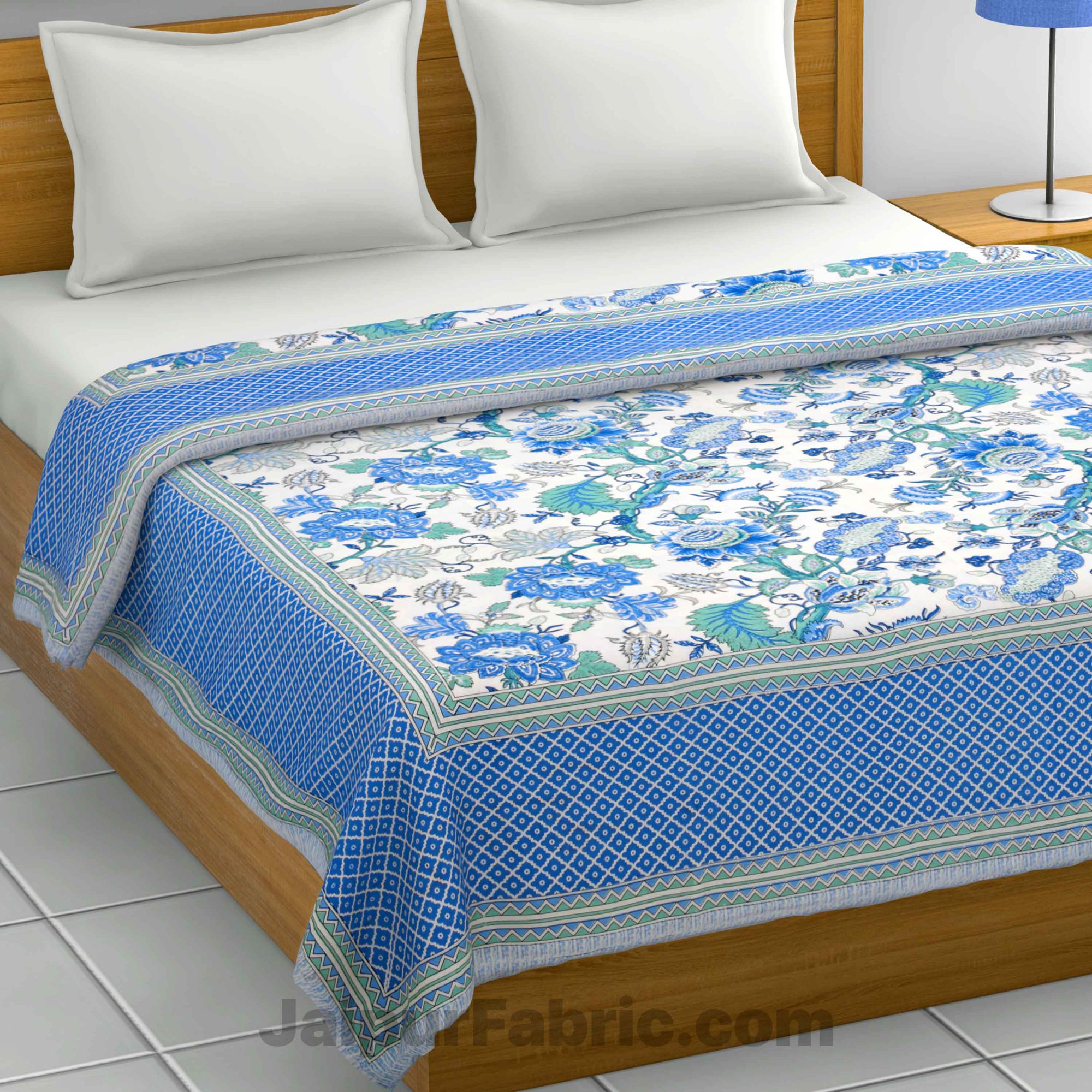 Lightweight Reversible Double Bed Dohar Blue Gala Flowers Skin Friendly Pure Cotton MulMul Blanket / AC Comforter / Summer Quilt