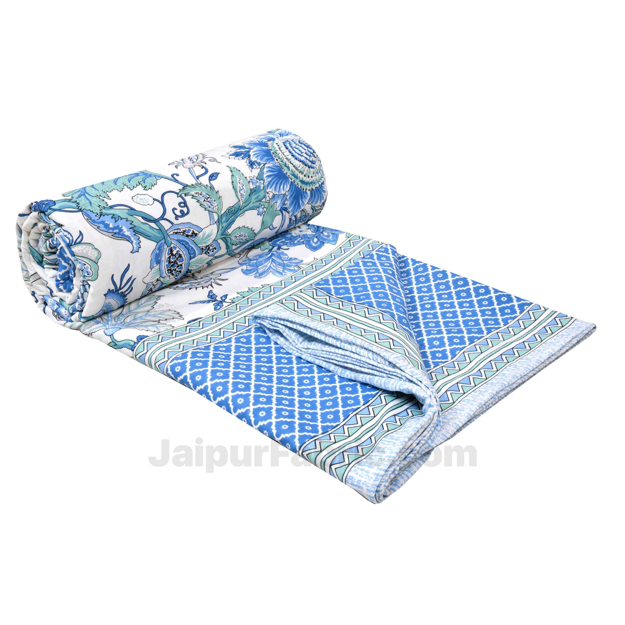 Lightweight Reversible Double Bed Dohar Blue Gala Flowers Skin Friendly Pure Cotton MulMul Blanket / AC Comforter / Summer Quilt