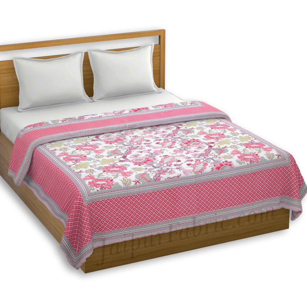 Lightweight Reversible Double Bed Dohar Pink Gala FlowersSkin Friendly Pure Cotton MulMul Blanket / AC Comforter / Summer Quilt