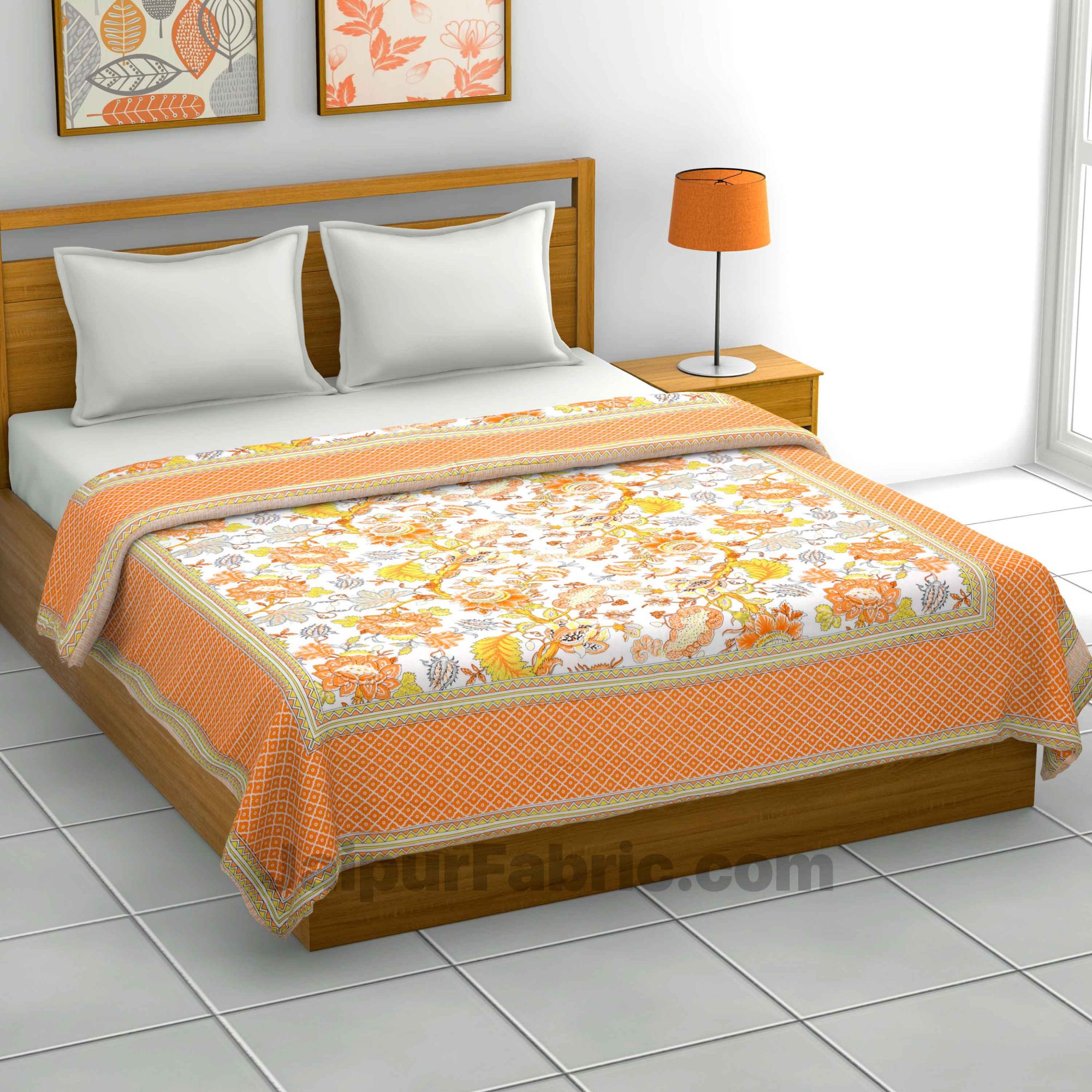 Lightweight Reversible Double Bed Dohar Orange Gala FlowerSkin Friendly Pure Cotton MulMul Blanket / AC Comforter / Summer Quilt