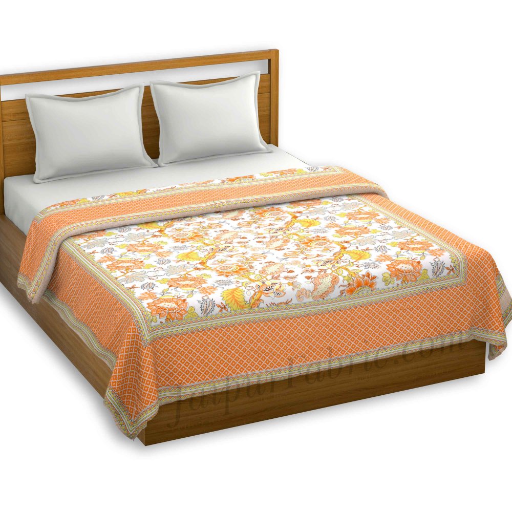 Lightweight Reversible Double Bed Dohar Orange Gala FlowerSkin Friendly Pure Cotton MulMul Blanket / AC Comforter / Summer Quilt