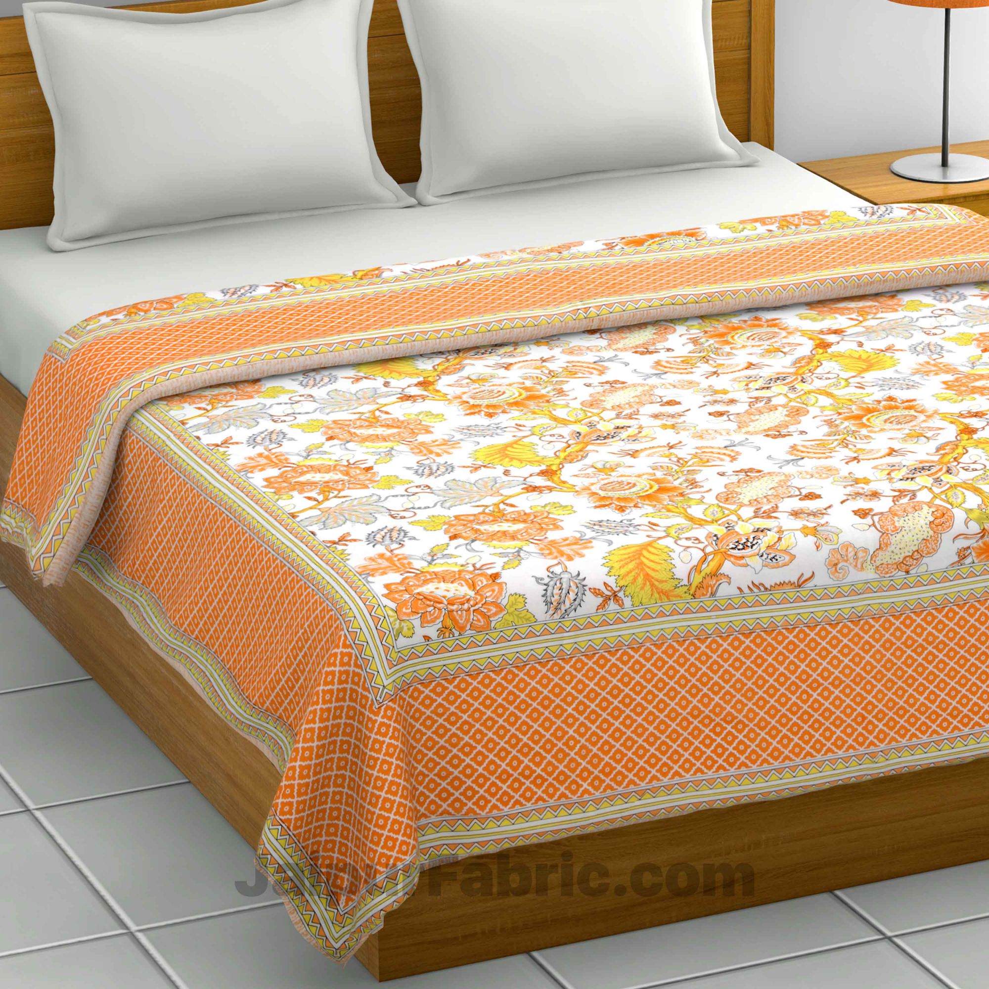 Lightweight Reversible Double Bed Dohar Orange Gala FlowerSkin Friendly Pure Cotton MulMul Blanket / AC Comforter / Summer Quilt