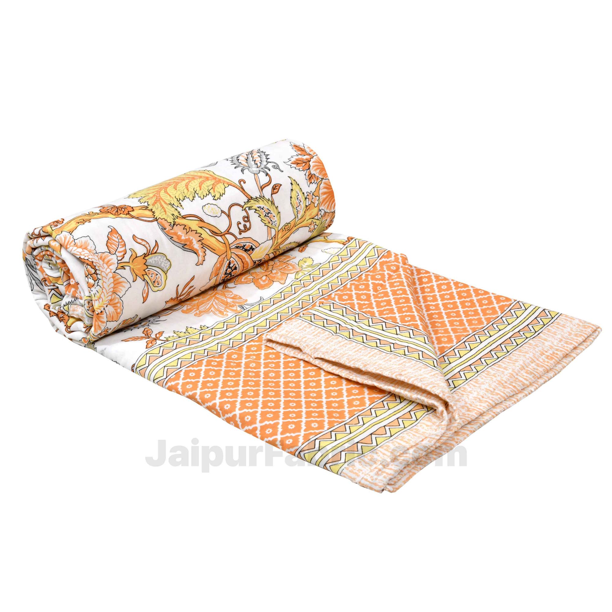 Lightweight Reversible Double Bed Dohar Orange Gala FlowerSkin Friendly Pure Cotton MulMul Blanket / AC Comforter / Summer Quilt