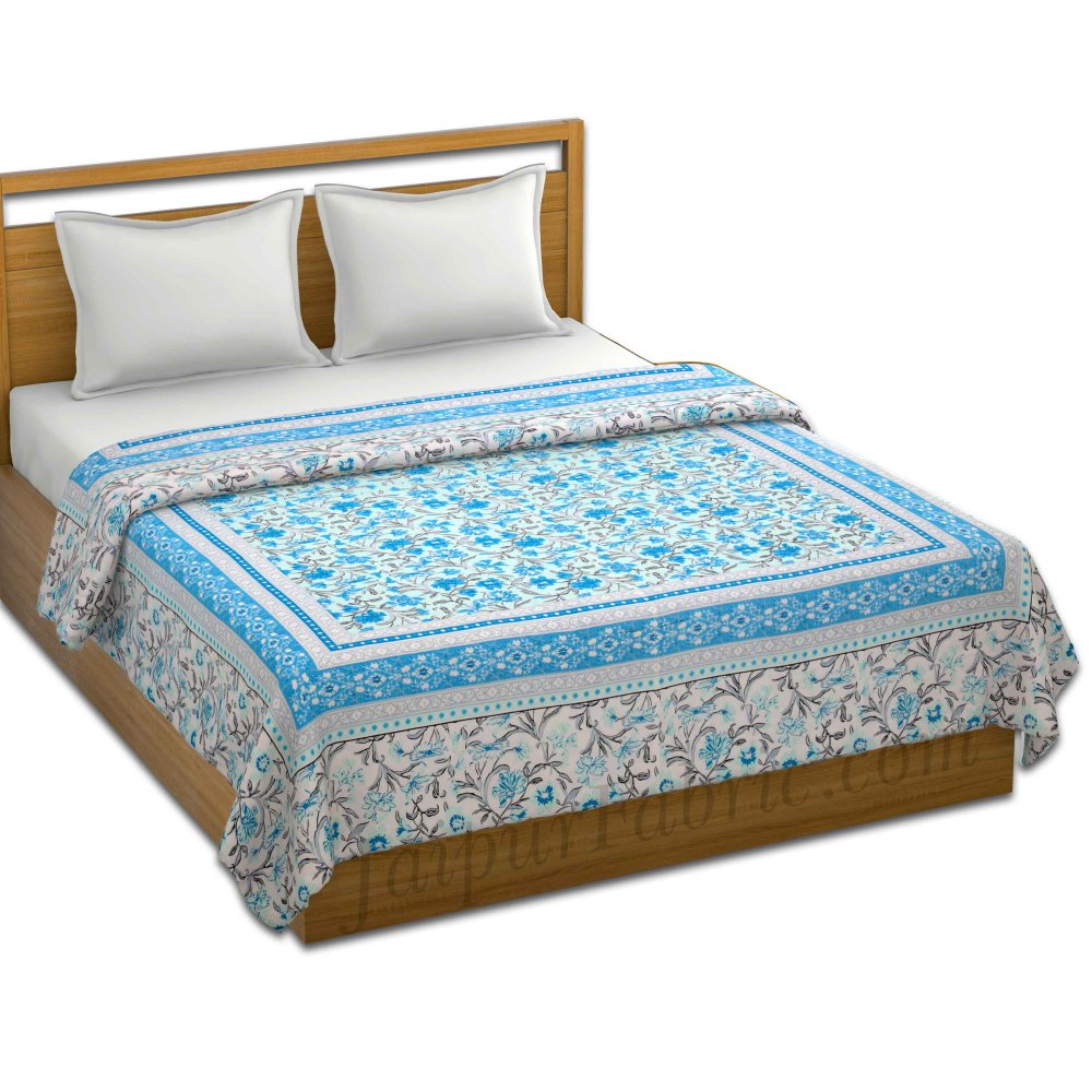 Lightweight Reversible Double Bed Dohar Blue Leaves FlowerSkin Friendly Pure Cotton MulMul Blanket / AC Comforter / Summer Quilt