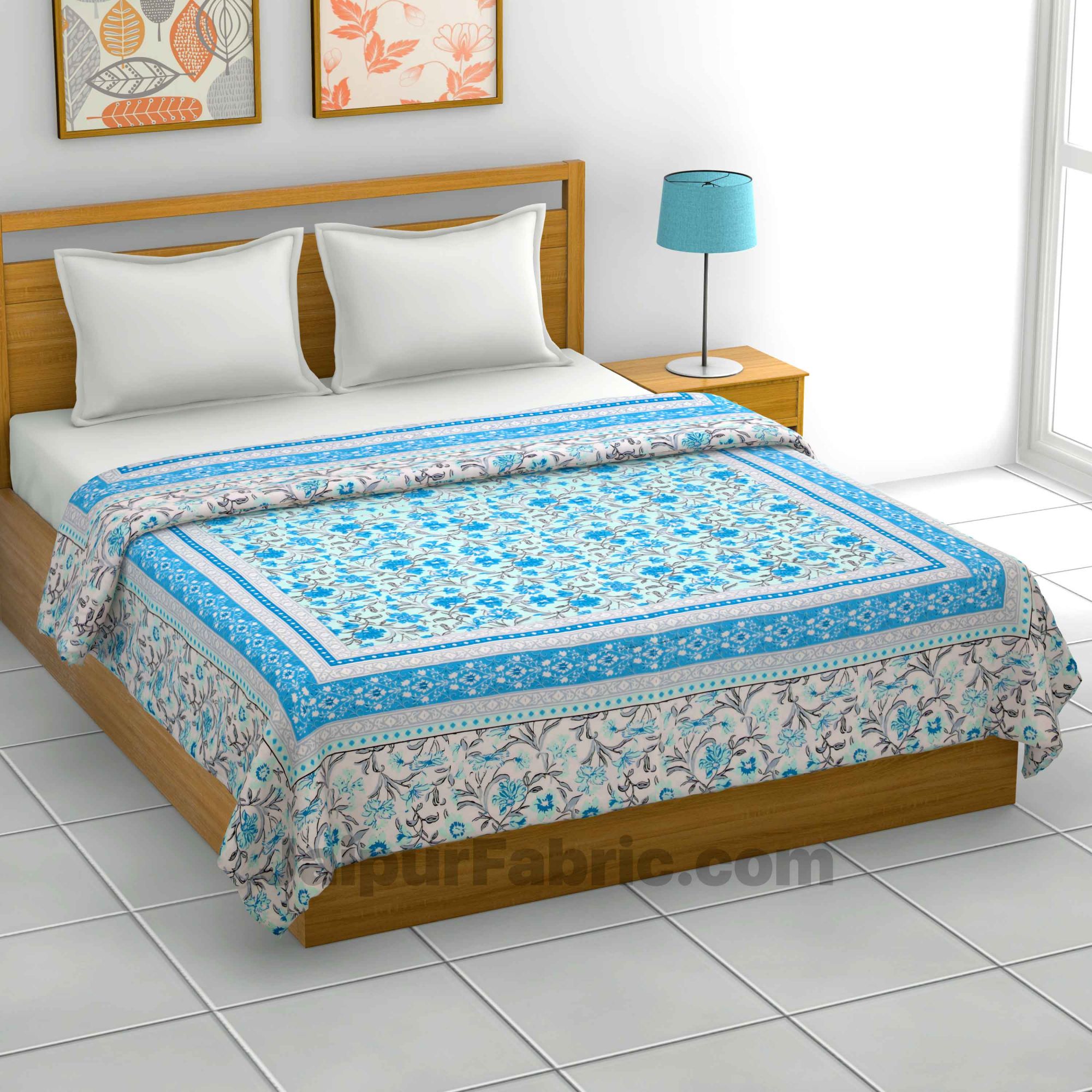 Lightweight Reversible Double Bed Dohar Blue Leaves FlowerSkin Friendly Pure Cotton MulMul Blanket / AC Comforter / Summer Quilt