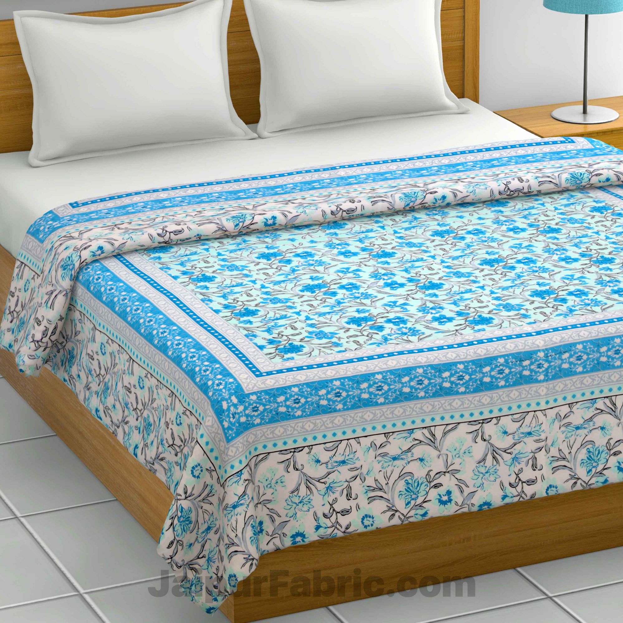 Lightweight Reversible Double Bed Dohar Blue Leaves FlowerSkin Friendly Pure Cotton MulMul Blanket / AC Comforter / Summer Quilt