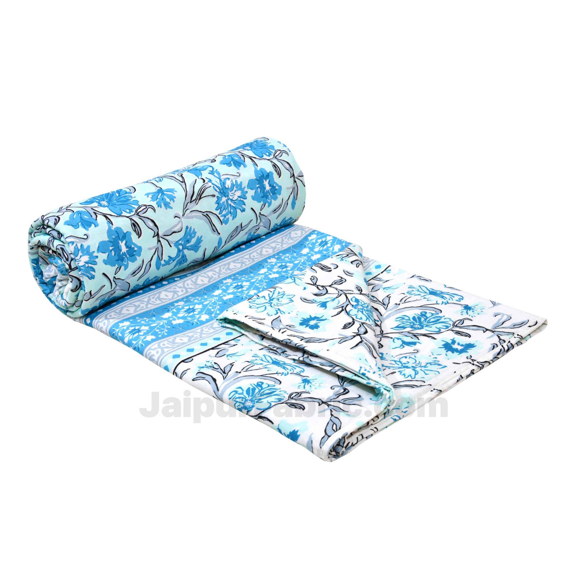 Lightweight Reversible Double Bed Dohar Blue Leaves FlowerSkin Friendly Pure Cotton MulMul Blanket / AC Comforter / Summer Quilt