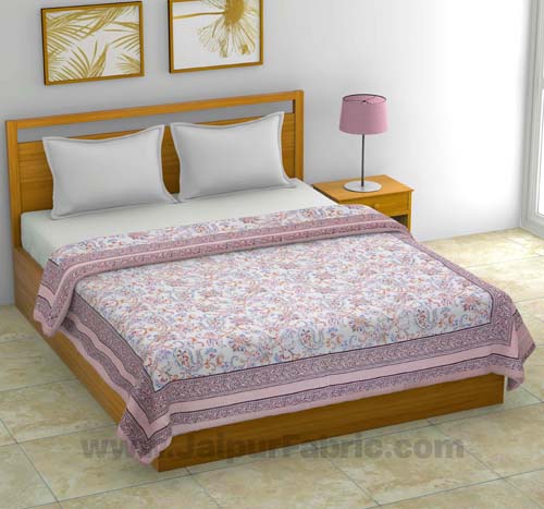 Mulmul Pure Cotton Paisley Floral Ethnic Pink Border Jaipuri Double Bed Dohar